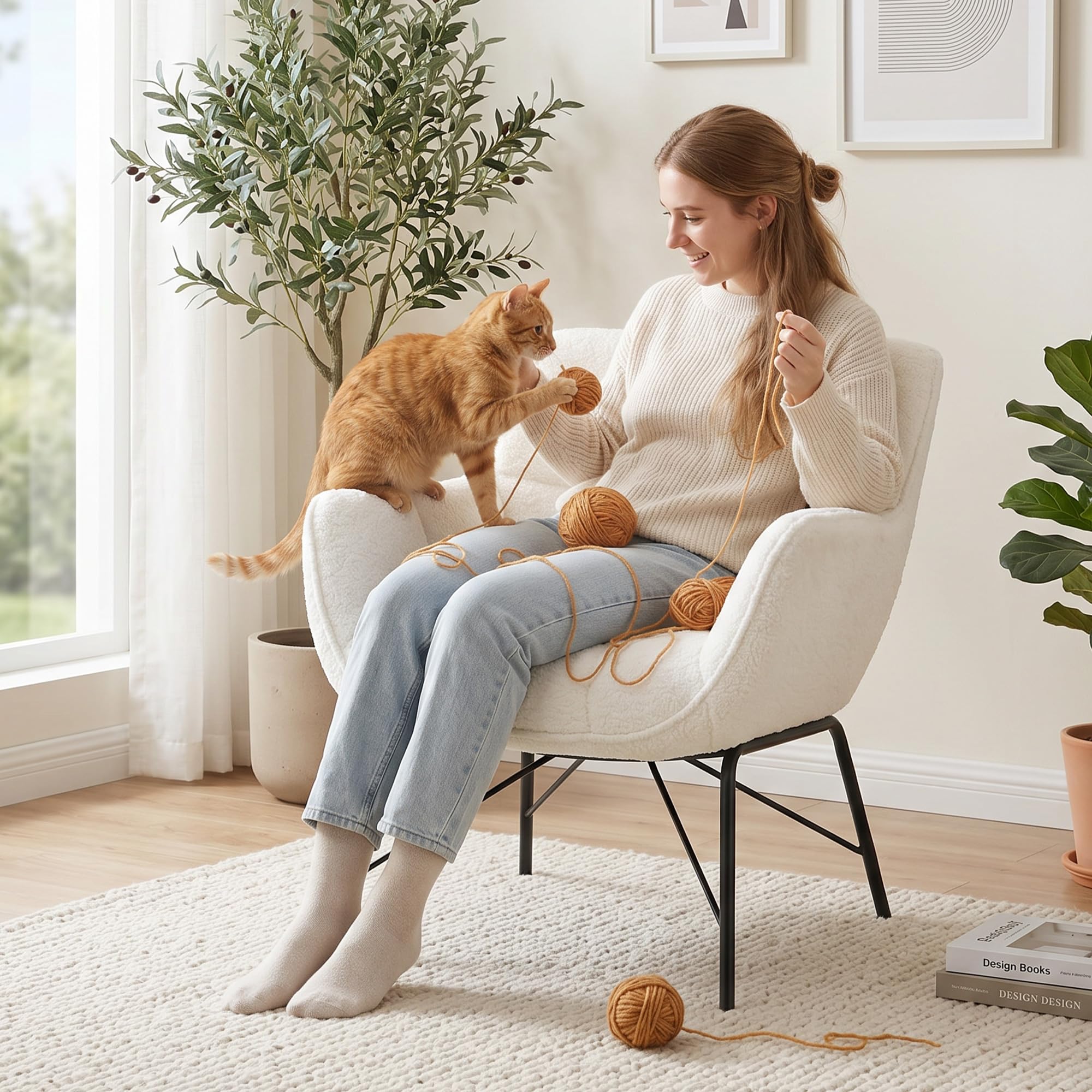 HOMCOM Loungesessel Wohnzimmer Sessel mit Sherpa-Fleece-Optik Cremeweiß | Moderner Lesesessel, Armlehnen, Gebogener Rückenlehne, Stahlbeinen, Bequemer Relaxsessel, Polsterstuhl für Schlafzimmer