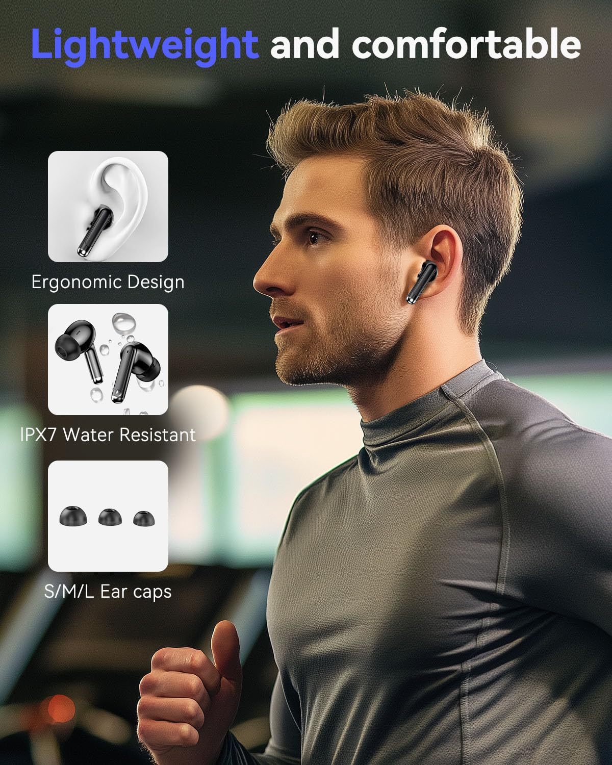 Bluetooth Headphones True Wireless Earbuds 50H Playback LED Power Display Earphones with Charging Case IPX7 Waterproof in-Ear Ear Buds with Mic for Smart Phone Computer Sports, Black
