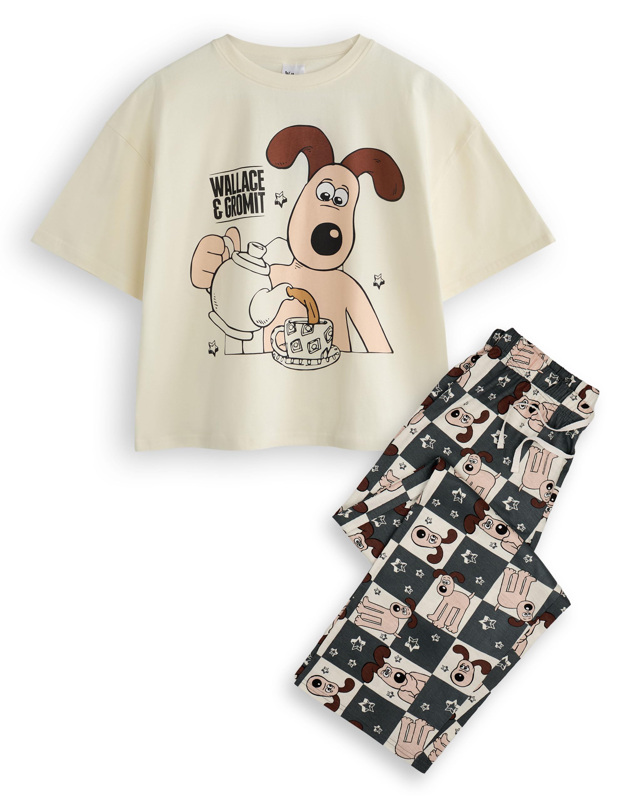 Wallace And Gromit Womens Pyjama Set | Ladies Gromit Tea Classic Logo Short Sleeve Top & All Over Print Graphic Loungewear Bottoms in Grey & Navy | Classic Movie Comedy Series Merchandise Gift