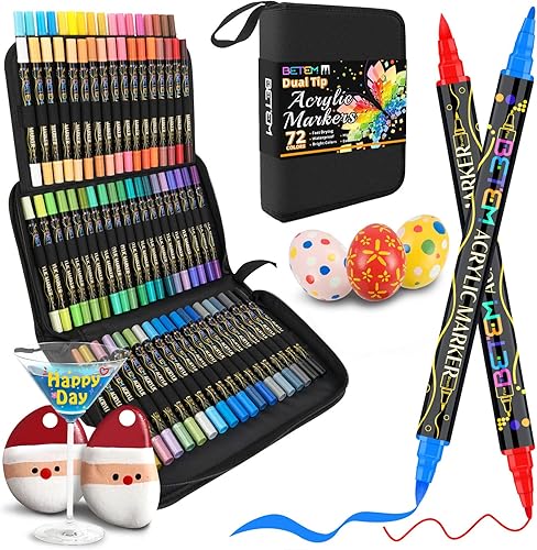 Betem Marcadores de pintura acrílica, punta doble, 72 colores, marcadores acrílicos con punta de pincel y punta fina, suministros de arte para