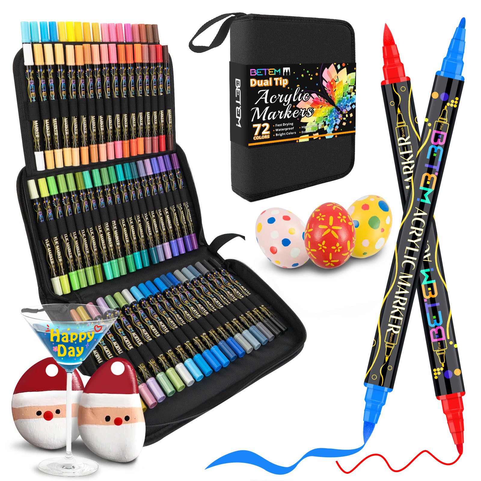 Betem Paint Markers Acrylic Paint Pens, Dual Tip 72 Colors Acrylic Markers with Brush Tip and Fine Point, Art Supplies for Wood, Canvas, Stone, Glass, Rock Painting Kit DIY Crafts Drawing Kit with Bag