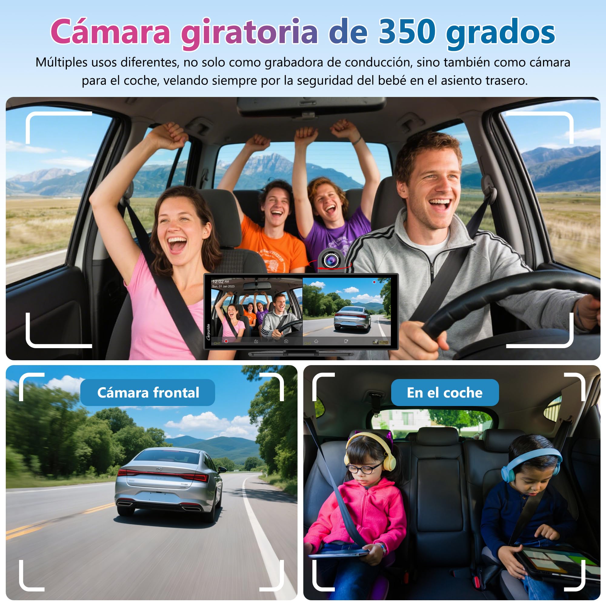 Carpuride Sistema Inalámbrico Portátil Carplay y Android Auto con Cám de Tablero - W125A Pantalla IPS HD de 11.26",Cám Frontal 4K + Cám Trasera 1080P,Grabación en Bucle,Audio Bluetooth,GPS,Siri,Música