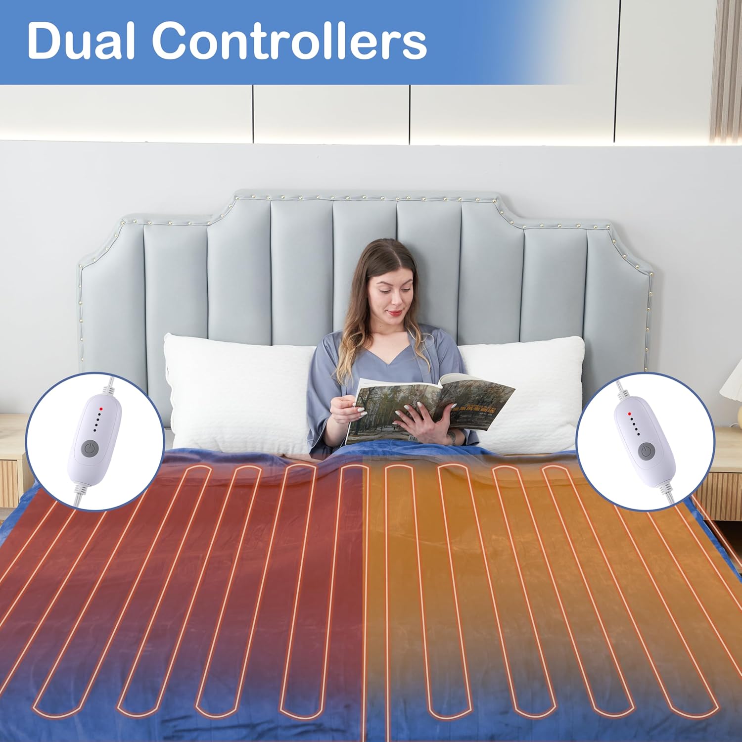 Electric Heated Blanket Queen Size 84"×90" Dual Control, 5 Heating Settings & 10Hs Auto Off, Overheat Protect, Energy Efficient, for Sofa & Bed, Machine Washable, Denim Blue - Image 3