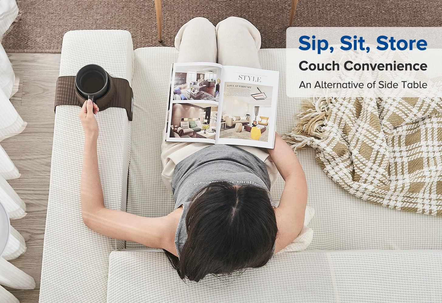 Elimiko Silicone Couch Cup Holder Tray and Couch Cup Holder, Anti-Spill & Anti-slip, for Oversized Mugs, Gifts for Mom, Dad, Husband, Grandma, Grandpa (Mocha Brown)