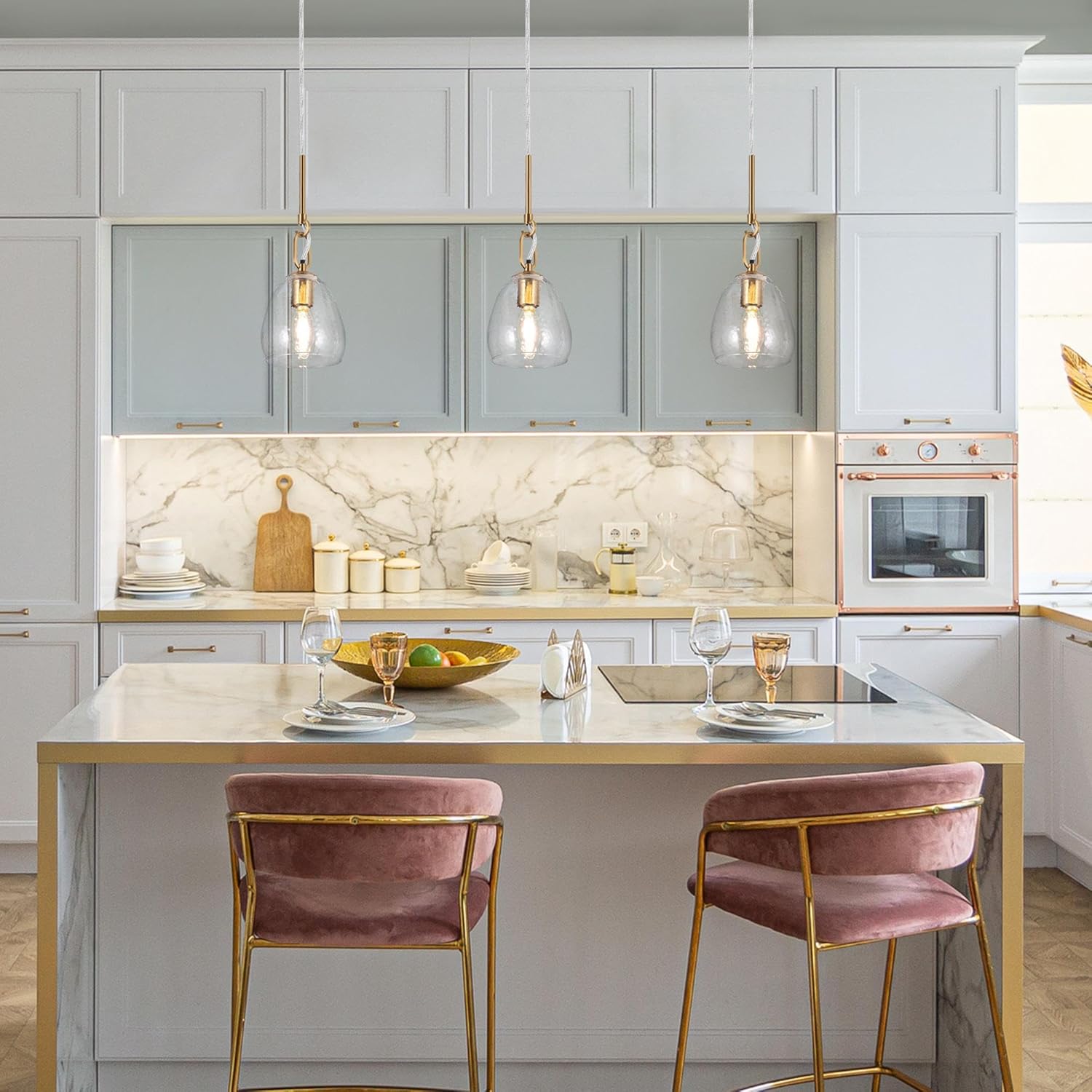 KSANA Gold Glass Pendant Light, Modern Hanging Light Fixture with Water Ripple for Kitchen Island, Bedroom, Foyer, and Entryway
