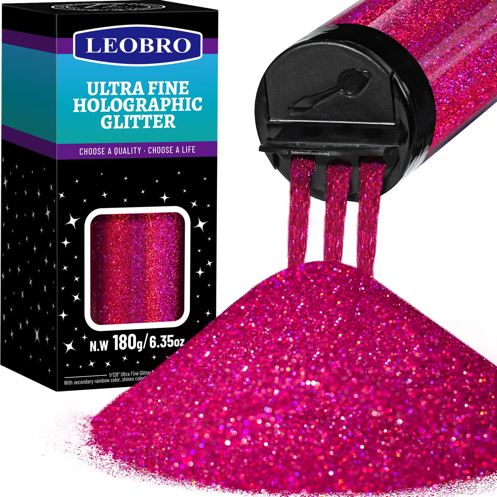 LEOBRO Red Glitter, 180G/6.35OZ Holographic Ultra Fine Glitter for Resin, Crafts, Tumblers, Nail Body, Holographic Red Violet