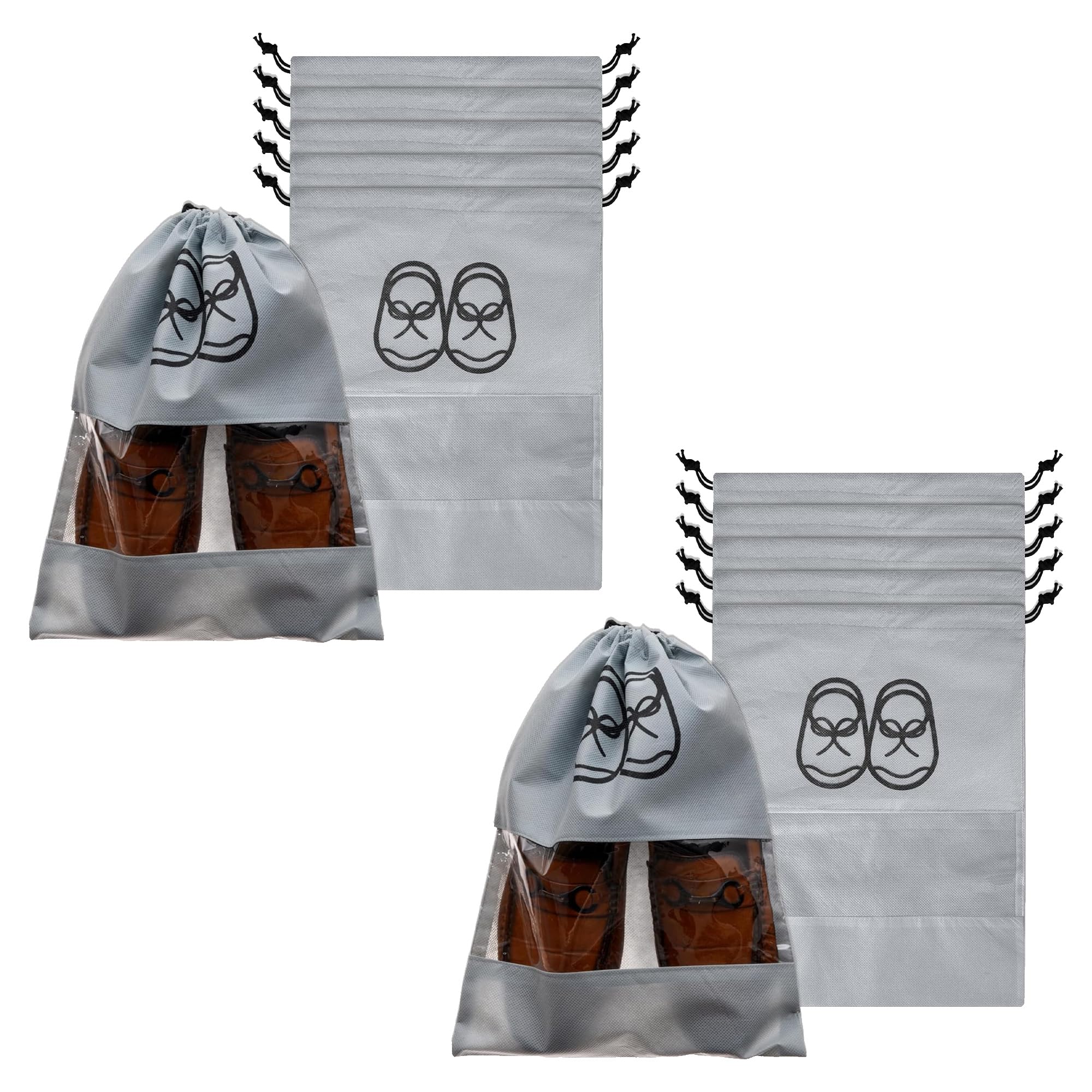 Heart Home Pack of 12 Travel Shoe Storage Bags | Clear Window Pouch With Drawstring Organizer | Plain Grey-image-31