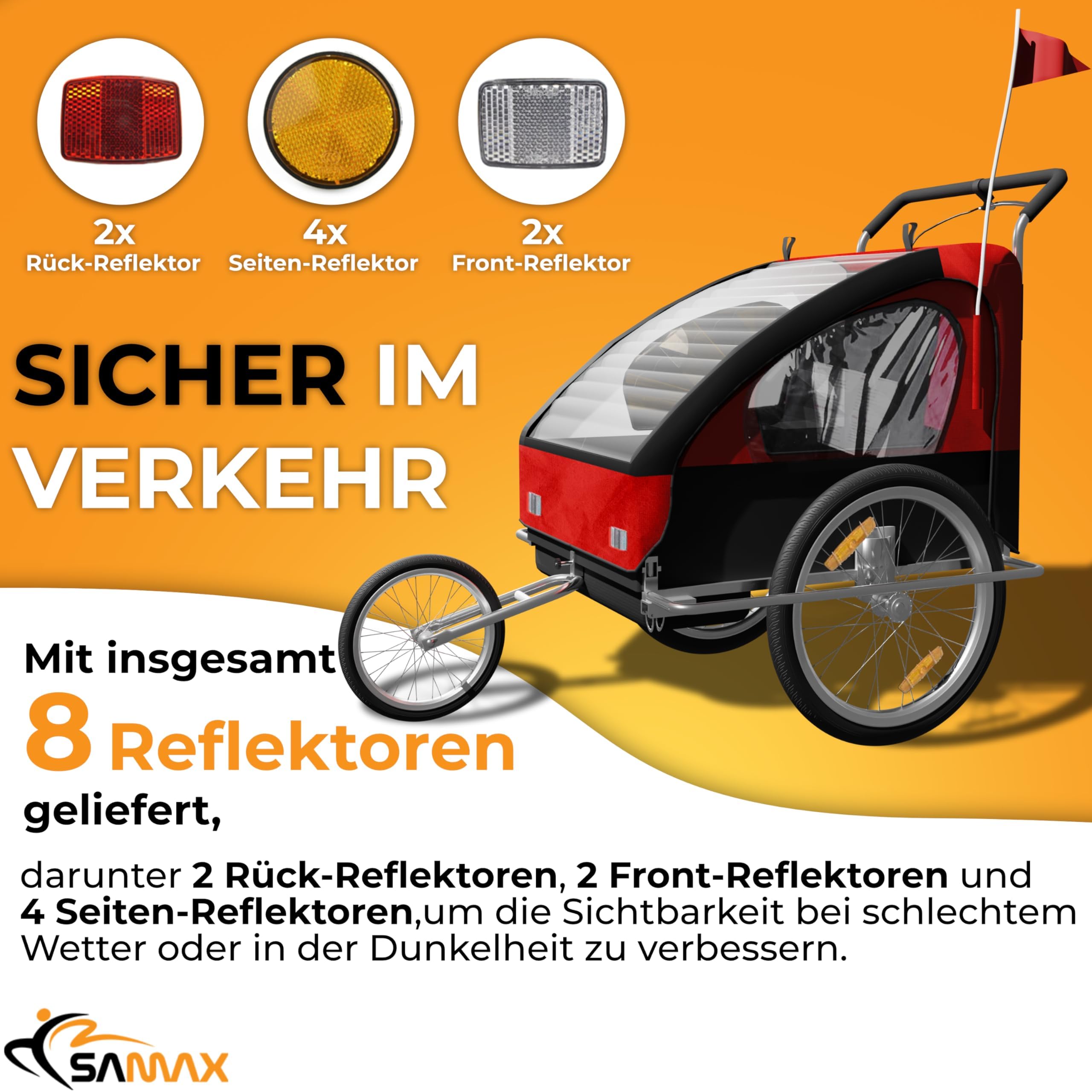 SAMAX Jogger 2in1 Kinderfahrradanhänger mit vollgefederter Hinterachse für 2 Kinder rot/schwarz - Silver Frame