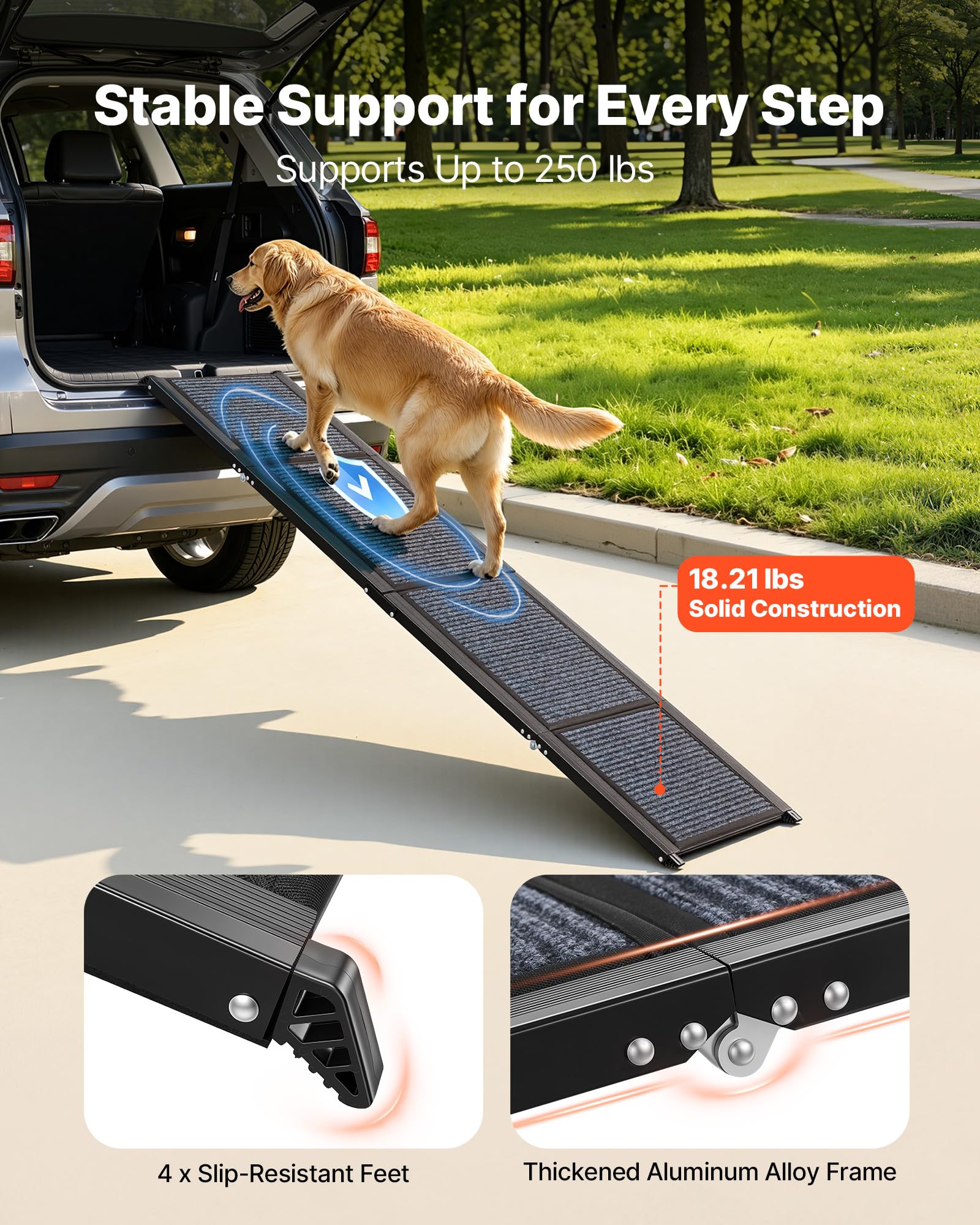 VEVOR Hunderampe, 180 x 43,2 cm, Faltbare Hundeautorampe für mittelgroße & große Hunde bis 113 kg, Hundetreppe mit Rutschfester Filzteppichoberfläche, tragbare Einstiegshilfe für SUV & LKW