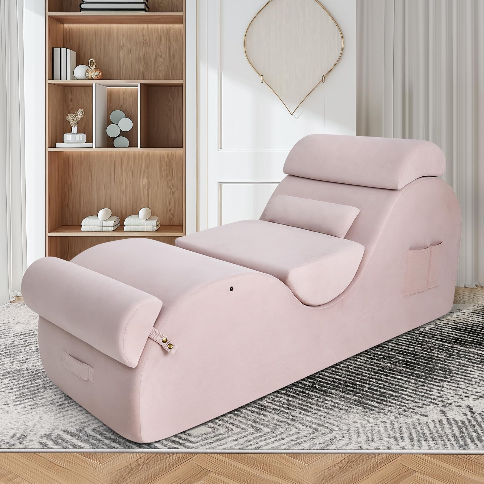 Chaise Lounge Chair for Yoga, Chaise Lounge with Headrest, Waist Pad, Foot Pad, Washable Cover, Side Pockets, Non-Slip Bottom, Chair for Relaxation Stretching