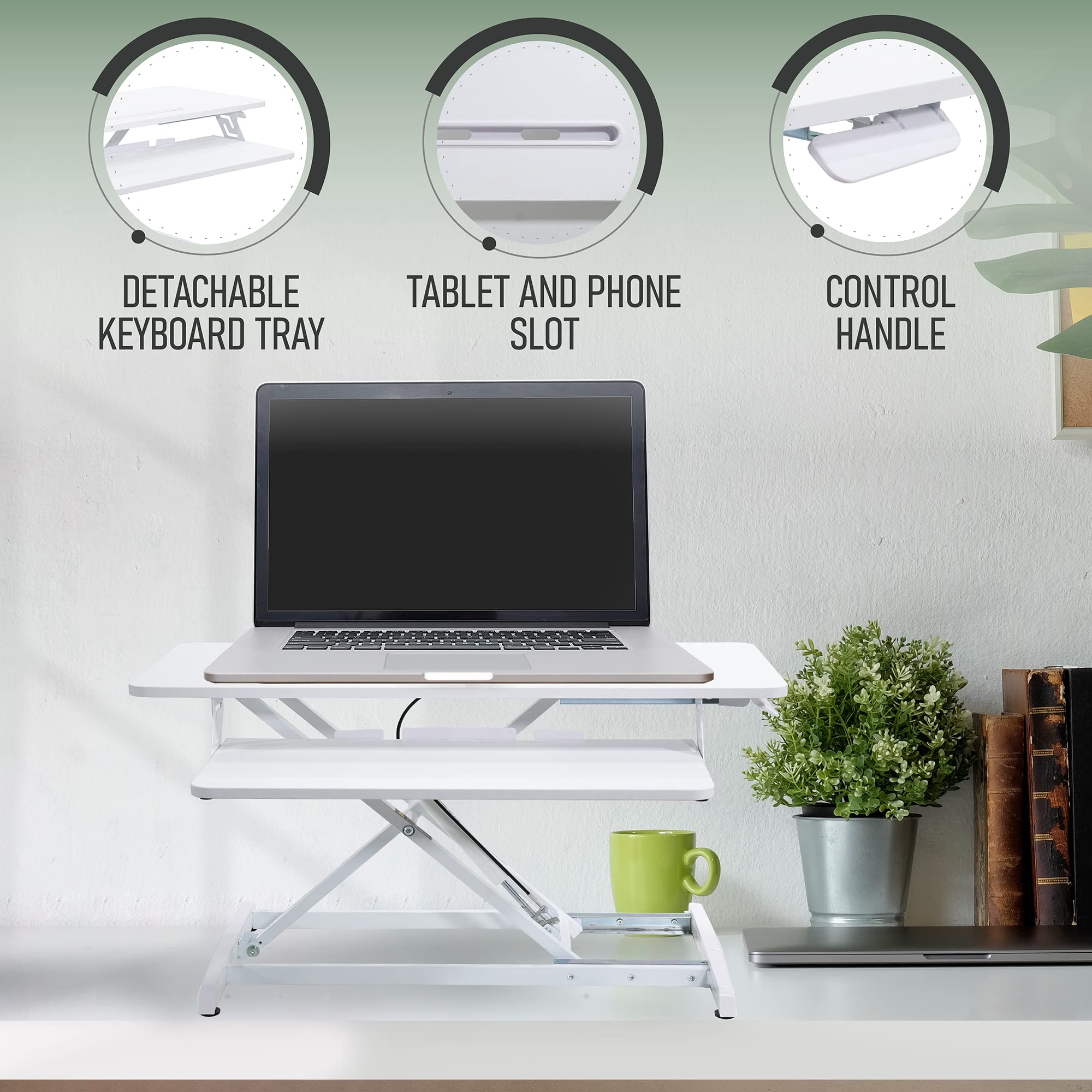 Happy Life Office Standing Desk Converter – Adjustable Stand-Up Computer Riser Height (4in to 19in) Included Cable Ties Laptop Cellphone Stand Placeholder Ergonomic Designed Workstation White Frame