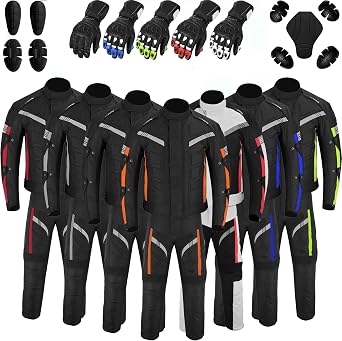 Mens Motorcycle Suit Waterproof Cordura Jacket with Trousers and Leather Gloves, CE Approved Biker Protection Gear
