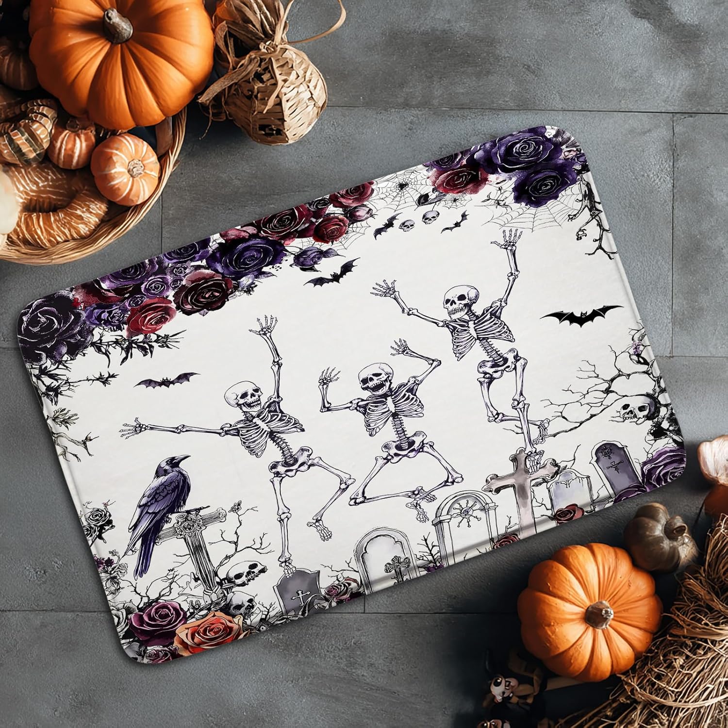 Gothic Halloween Bath Mat Spooky Skull Skeleton Purple Floral Bats Raven Tomb Bathtub Area Rugs Bathroom Decor 18x30
