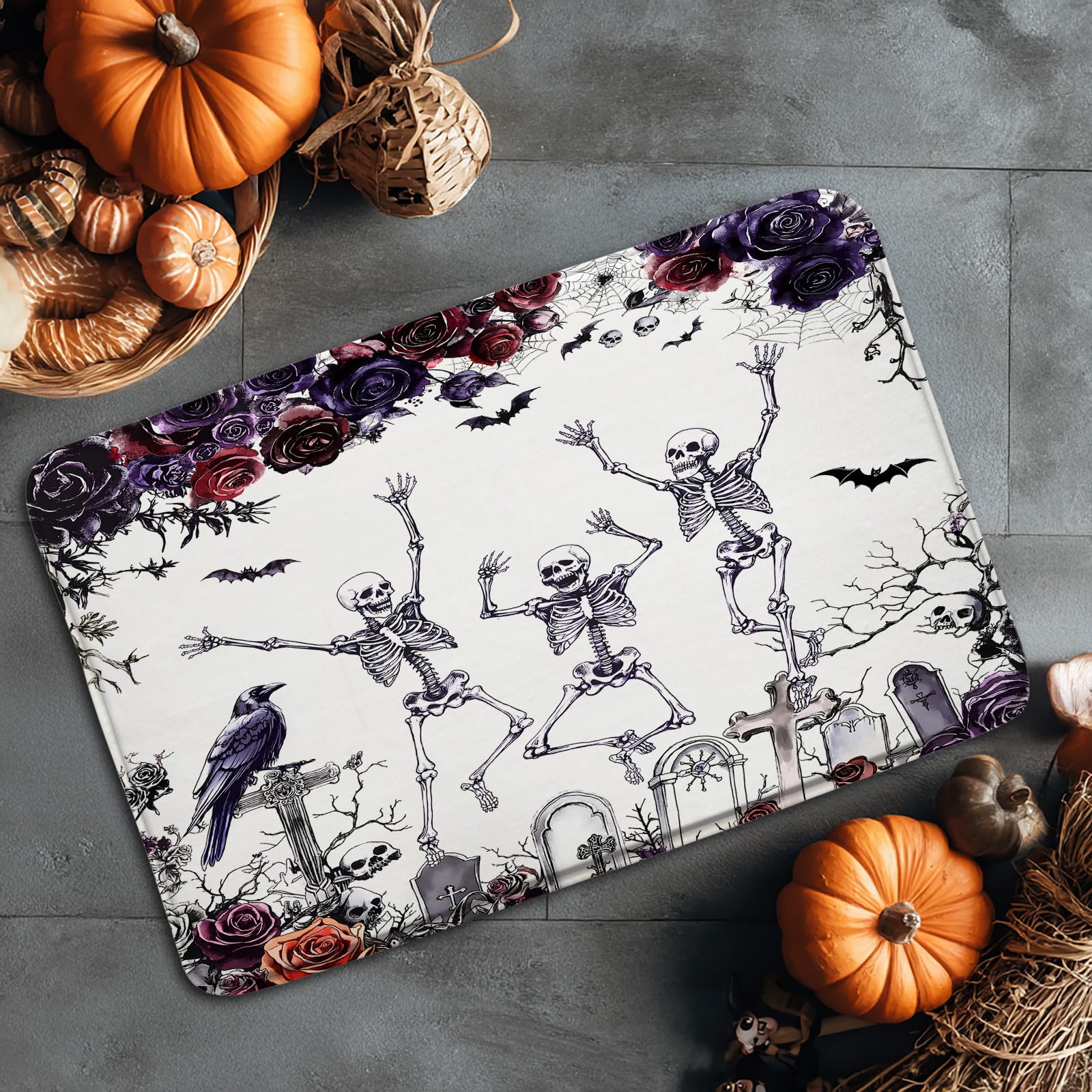 Gothic Halloween Bath Mat Spooky Skull Skeleton Purple Floral Bats Raven Tomb Bathtub Area Rugs Bathroom Decor 18x30