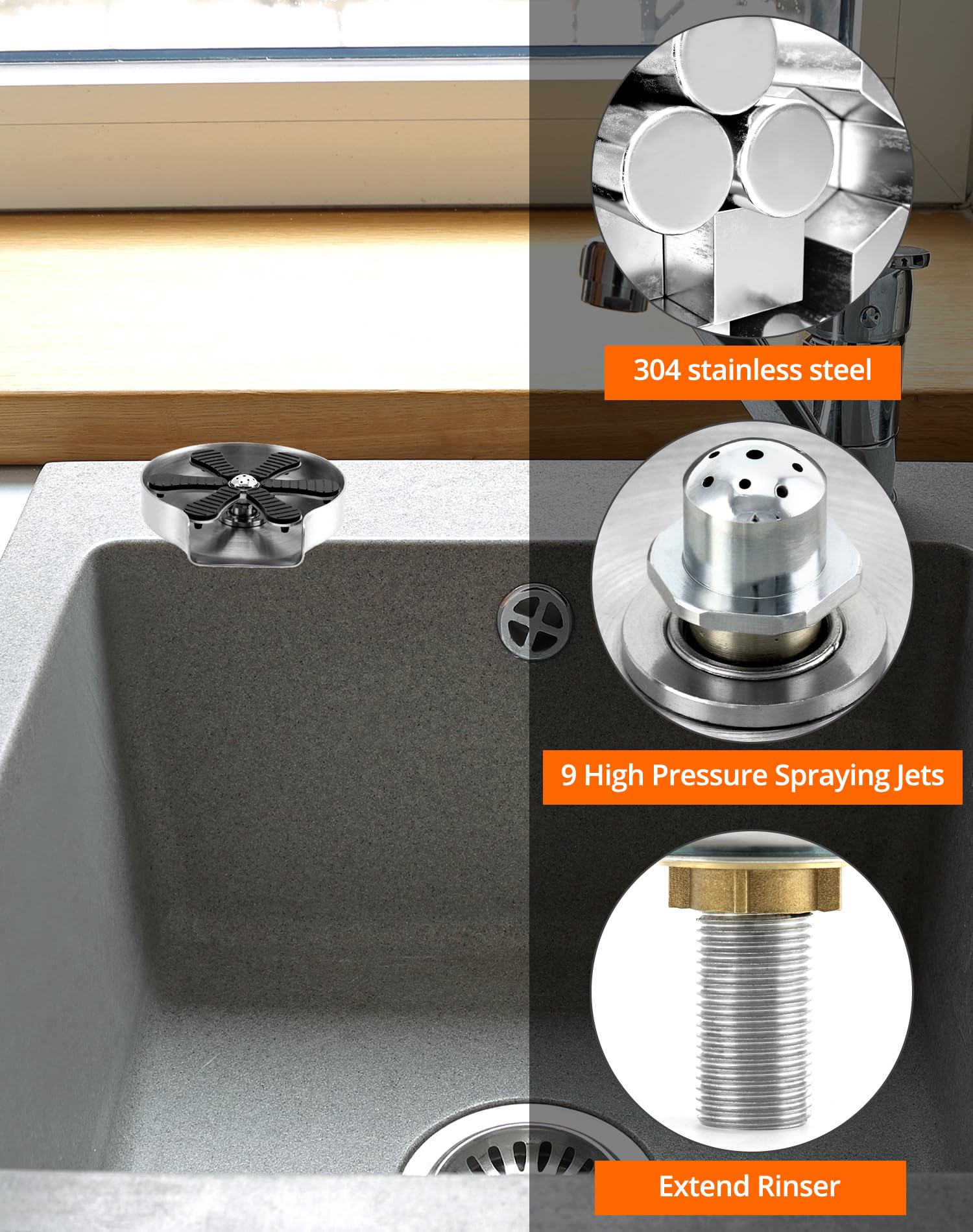 QWORK® Lavabicchieri Lavandino, in acciaio inossidabile 304, Rondella di vetro automatica, Lavatazzine, Sciacquatrice di vetro, per lavello da cucina, Bar