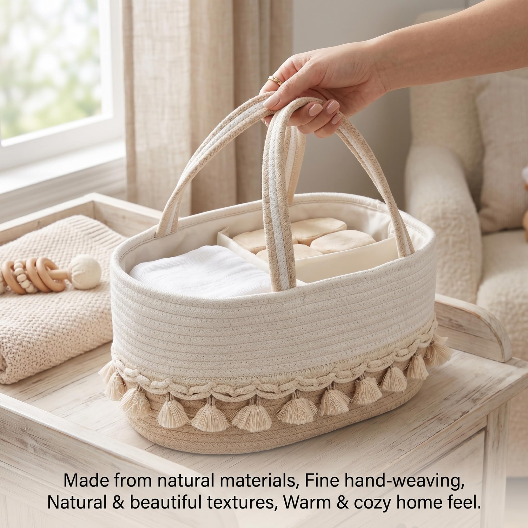 Organisateur de caddie à couches pour bébé avec séparateurs amovibles, panier de chambre d'enfant tissé à la main avec poignées pompons, kaki et blanc, 14, 17 x 8, 66 x 7, 09 pouces, organisateur c