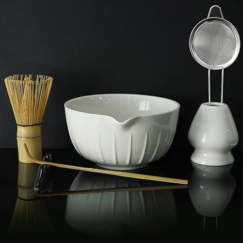 Juego de batidor de matcha de 7 piezas, kit de cerámica con cuenco, batidor, soporte, cuchara de bambú, reposo, tamiz y toalla de té, elegante juego