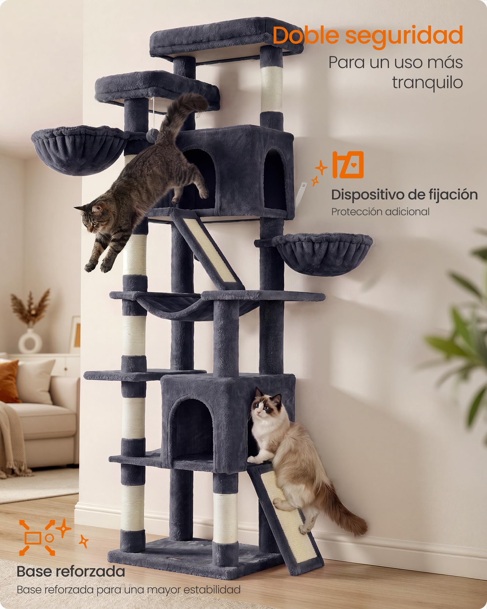 Feandrea Árbol para Gatos XXL, Torre con Postes de Sisal, Rascador para Varios Gatos Grandes, 7 Áreas de Descanso, 55 x 45 x 205 cm, Gris Oscuro, Colección Clawfy PCT021G201