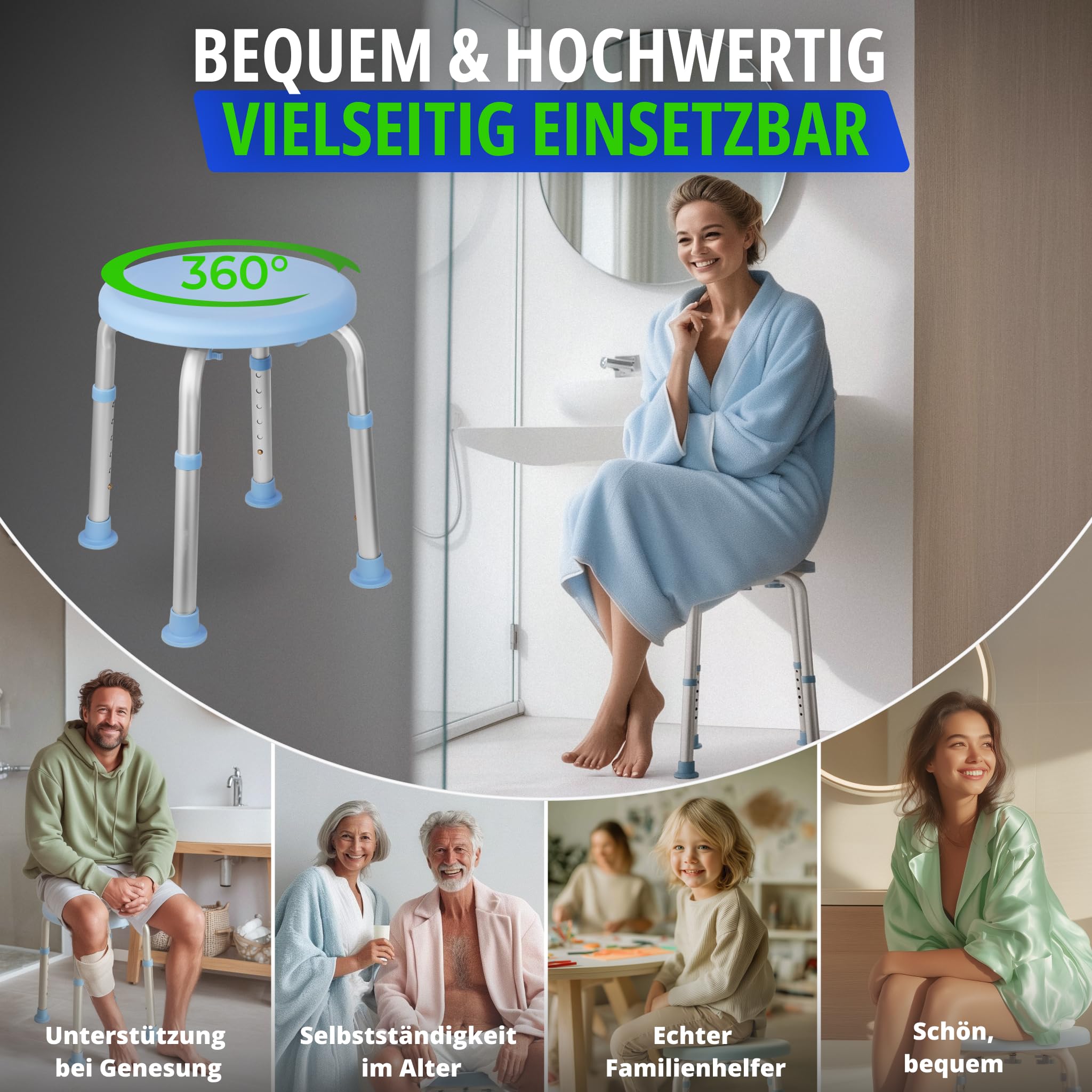 Duschhocker 360° extra leichtgängige Drehung, Medizinprodukt Klasse I, Stilvoller Duschstuhl 6-fach höhenverstellbar. Hygienischer Badsitz komplett abgedeckt. Bis 136 kg. Rutschfeste Gummifüße