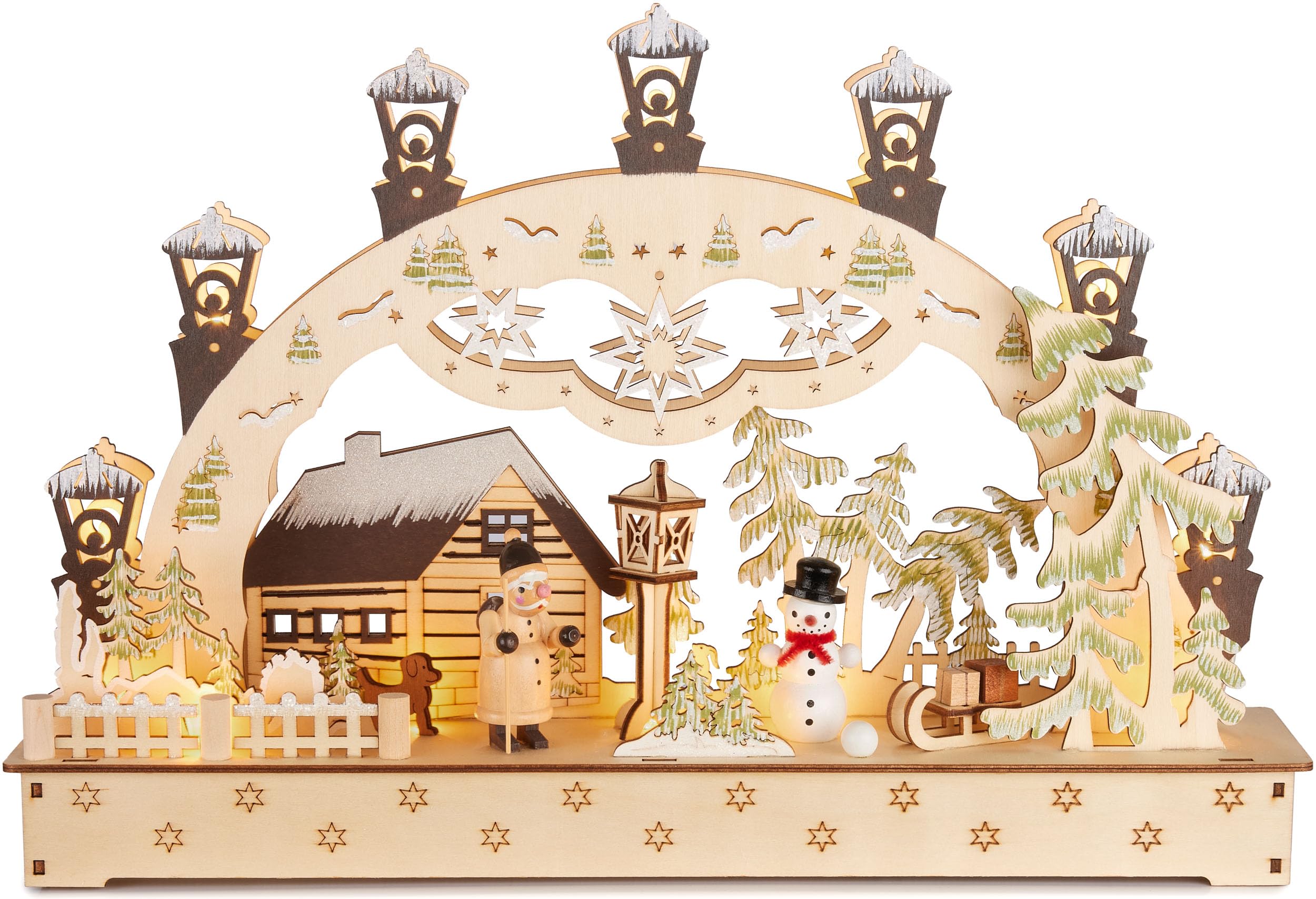 BRUBAKER 3D Lichterbogen - LED Schwibbogen - Weihnachtshaus im Wald mit Laternen - Weihnachtsbeleuchtung aus Holz Natur - 27 x 40 x 7,5 cm - Handbemalte Figuren - Weihnachtsdeko für Tisch Fenster