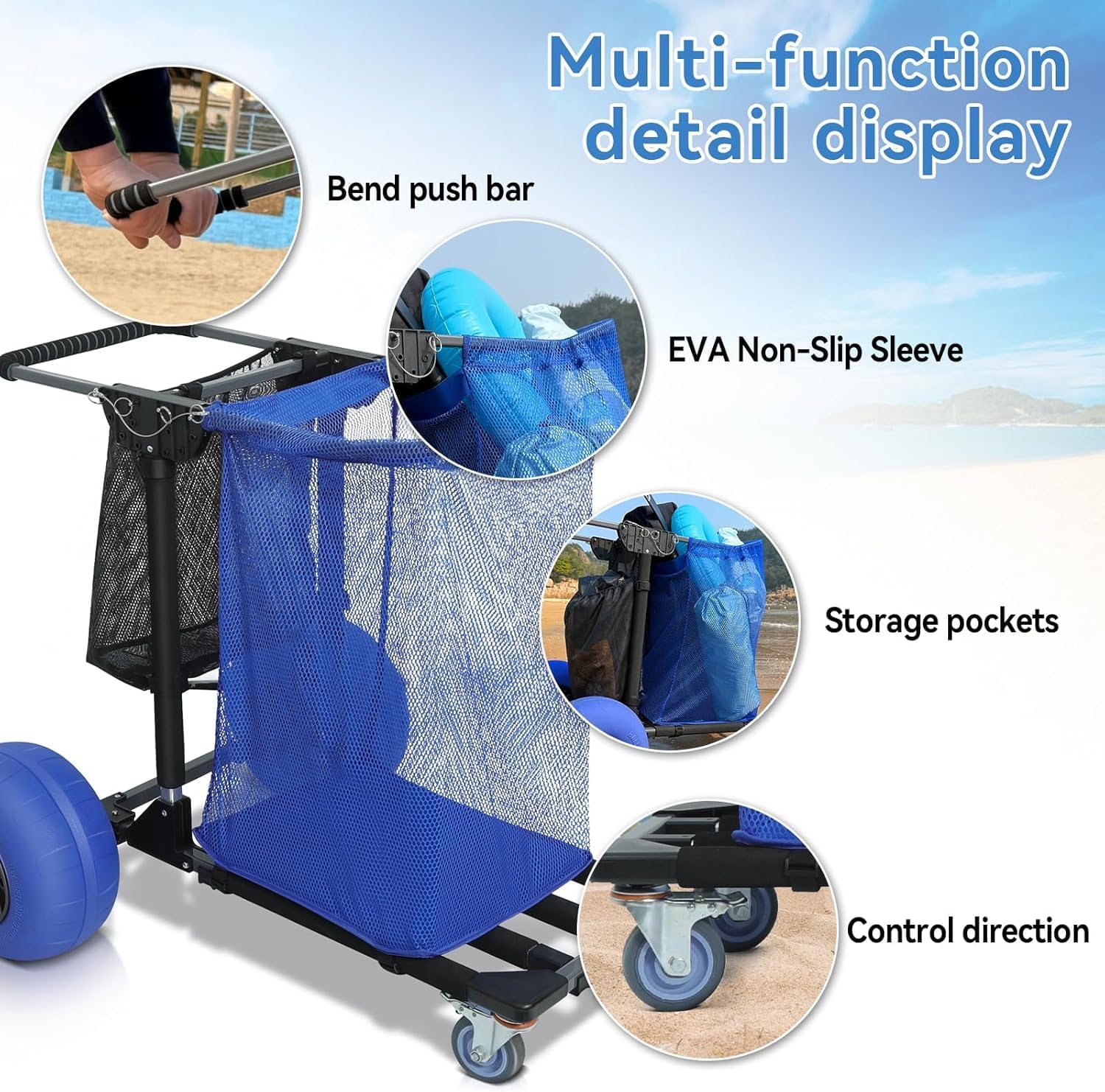 Beach Cart for Sand with Balloon Wheels & 12" Sand Tires Adjustable Handle, Foldable Large Capacity Cart with Storage Pockets, Straps & Beach Chair Hooks,Maximum Weight Capacity 220 lbs