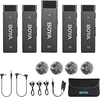 BOYA By-W4 2.4G Wireless Lavalier Microphone System with 4 Transmitters and a Receiver for Digital SLR Camera Camcorder Smartphones Interview Vlog Video Youtube
