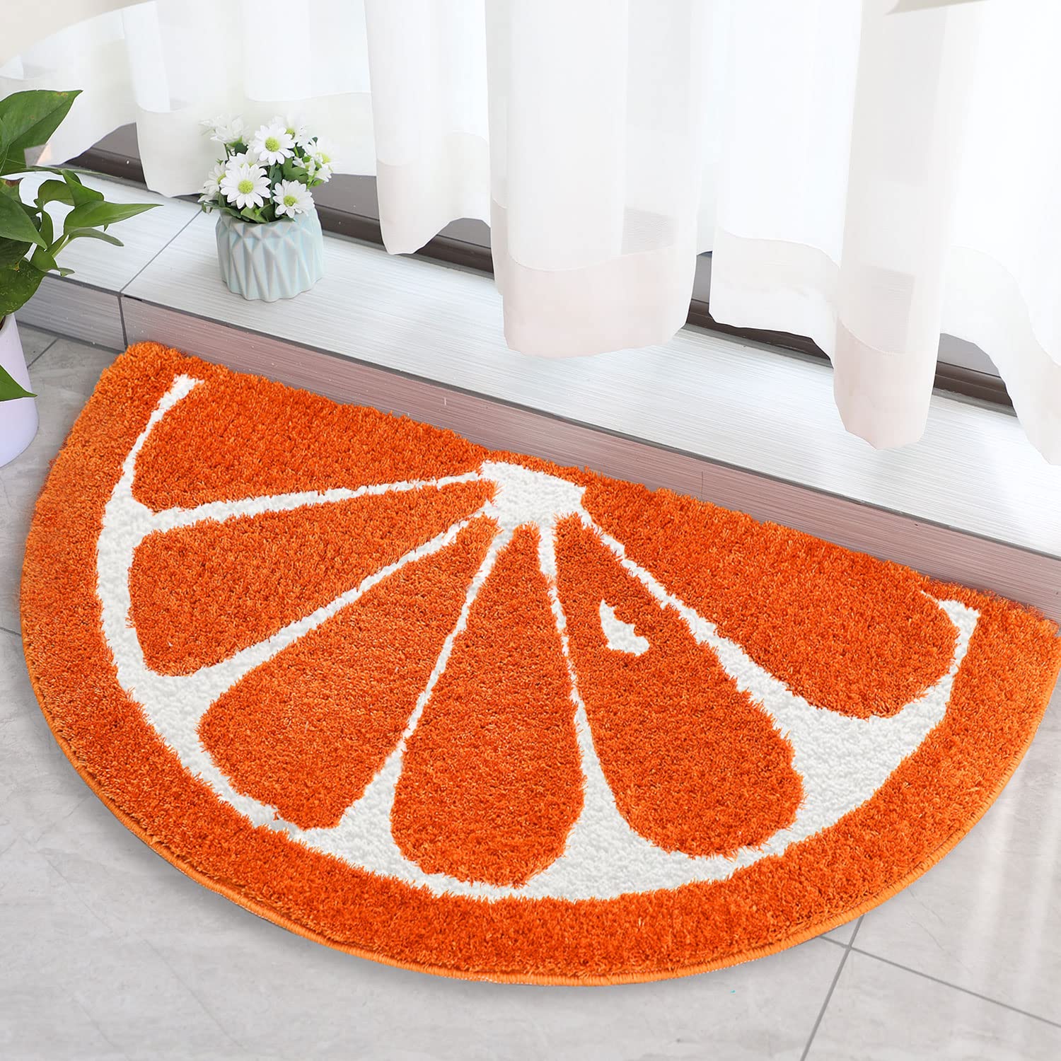 AKTHA Semicircle Bathroom Mat, Home Entrance Rug, Absorbent Anti-Slip Shower Mat, Fluffy Hairy Bathroom Rug Machine Washable (Orange, 16X30)