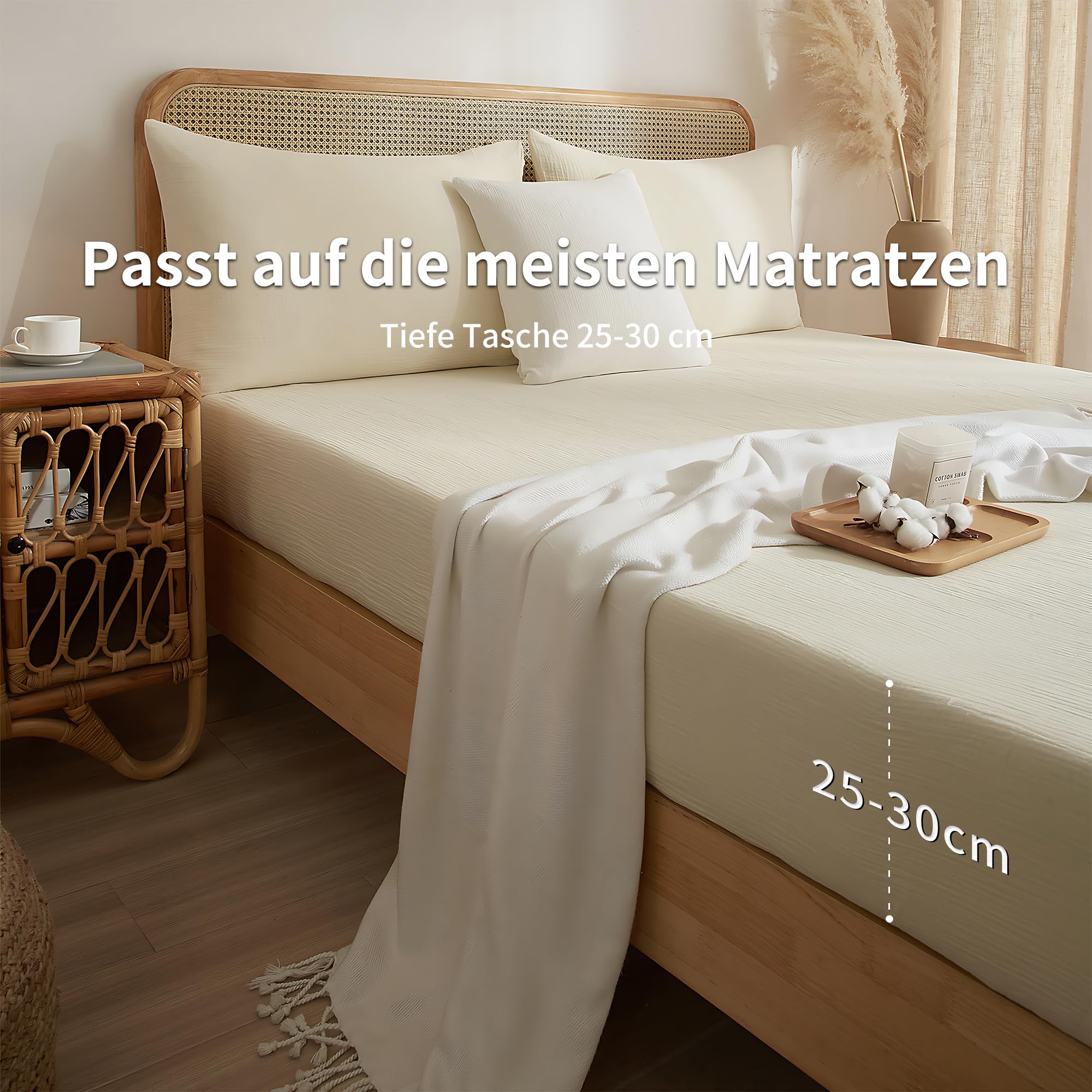 Luowei Muslin Spannbettlaken 200x200cm-100% Baumwolle, WeichesAtmungsaktives Bettlaken für Sommer & Winter，Ökotex，Beige Boxspringbett Spannbetttuch，Passend für Matratzen bis 30cm