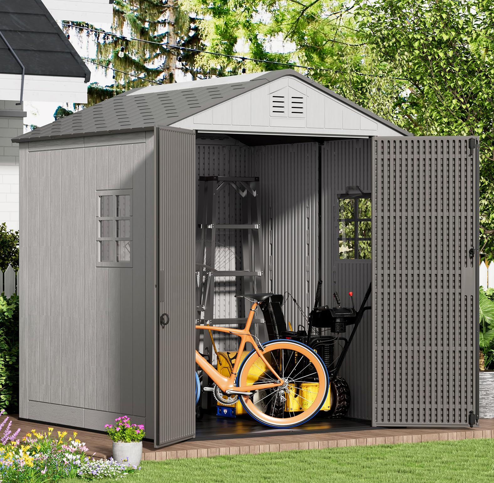 KINYING 6x6 FT Outdoor Storage Shed,Resin Clearance Outdoor Sheds with Floor,Weather Resistant Garden Tool Plastic Shed with Window for Backyard, Garden, Patio, Lawn,Lockable