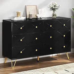 DWVO Upgrade Large 6 Drawer Dresser for Bedroom, Black Wood Dresser Chest of Drawers with Fluted Panels, Modern 47" W TV Stand Double Dressers Storage Cabinet for Living Room, Hallway, Entryway