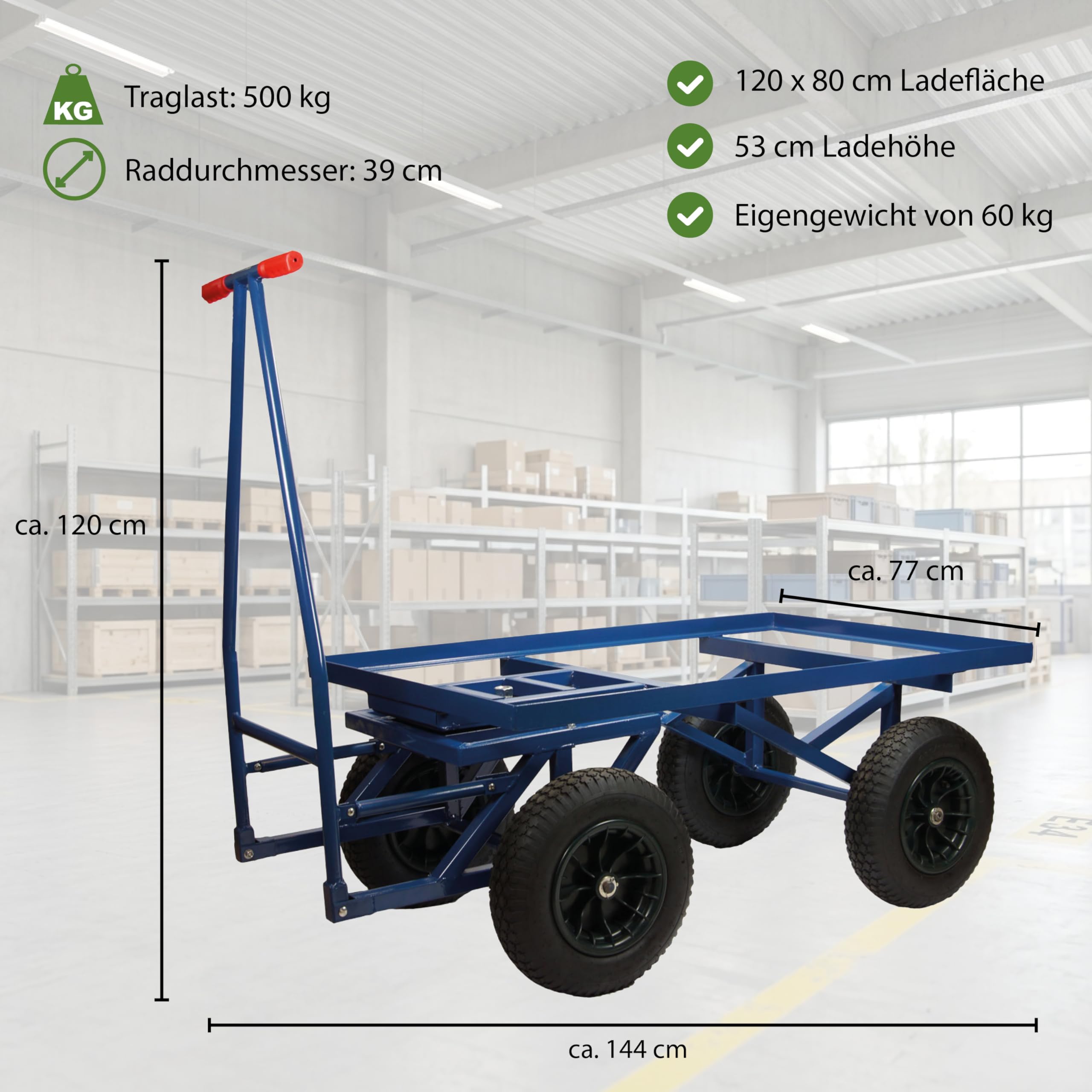 TRUTZHOLM XXL Profi Plattformwagen Palettenwagen 120x80 cm Ladefläche Palettenmaß | 500kg | mit Bremse | Transportwagen Magazinwagen Schiebebügelwagen
