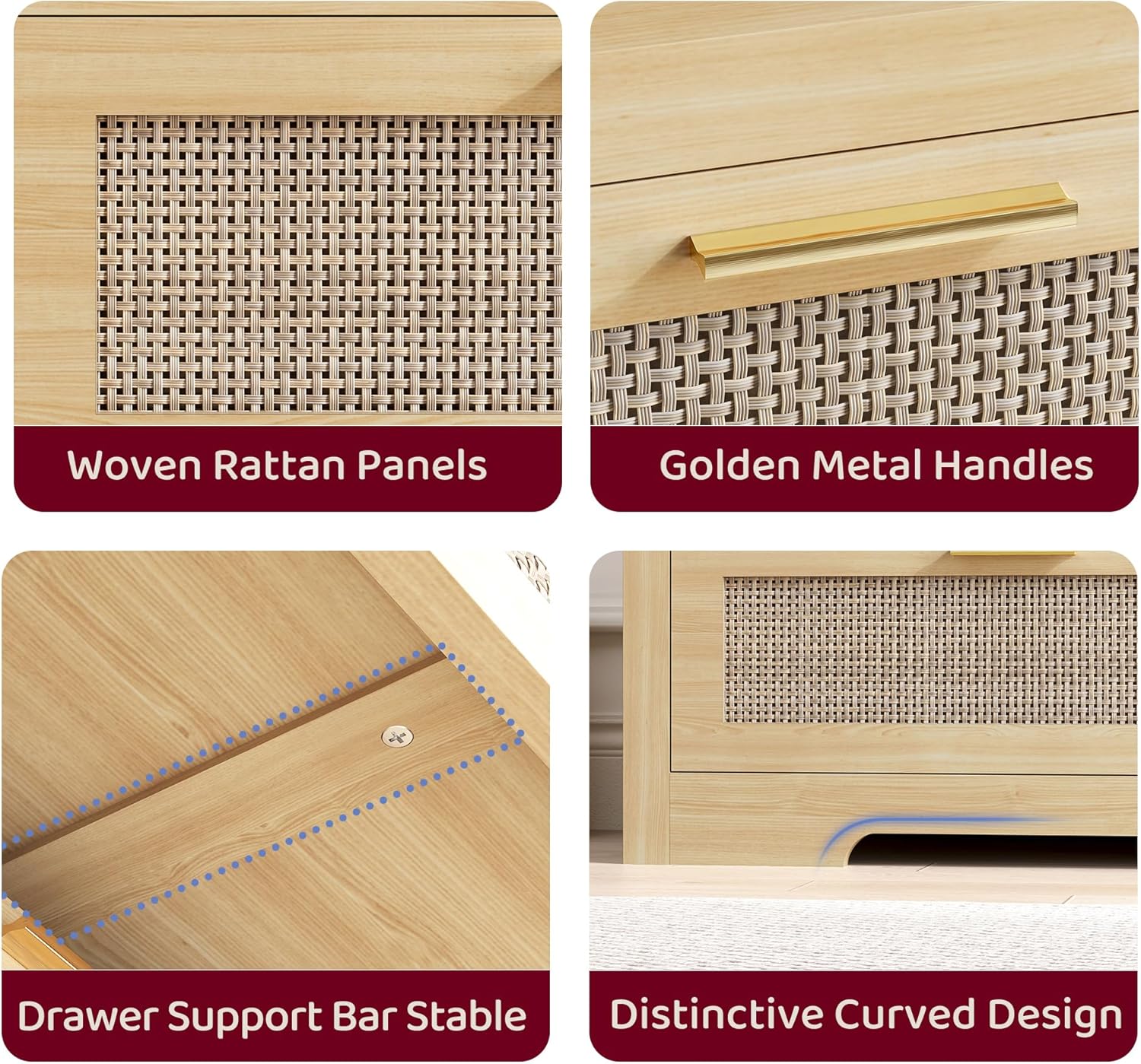 6 Drawer Rattan Dresser for Bedroom,Boho 47.2" Wide Wood Chest of Drawers,Dresser TV Stand with Metal Handle,Large Storage Closet Organizer for Living Room,Hallway,Natual Oak