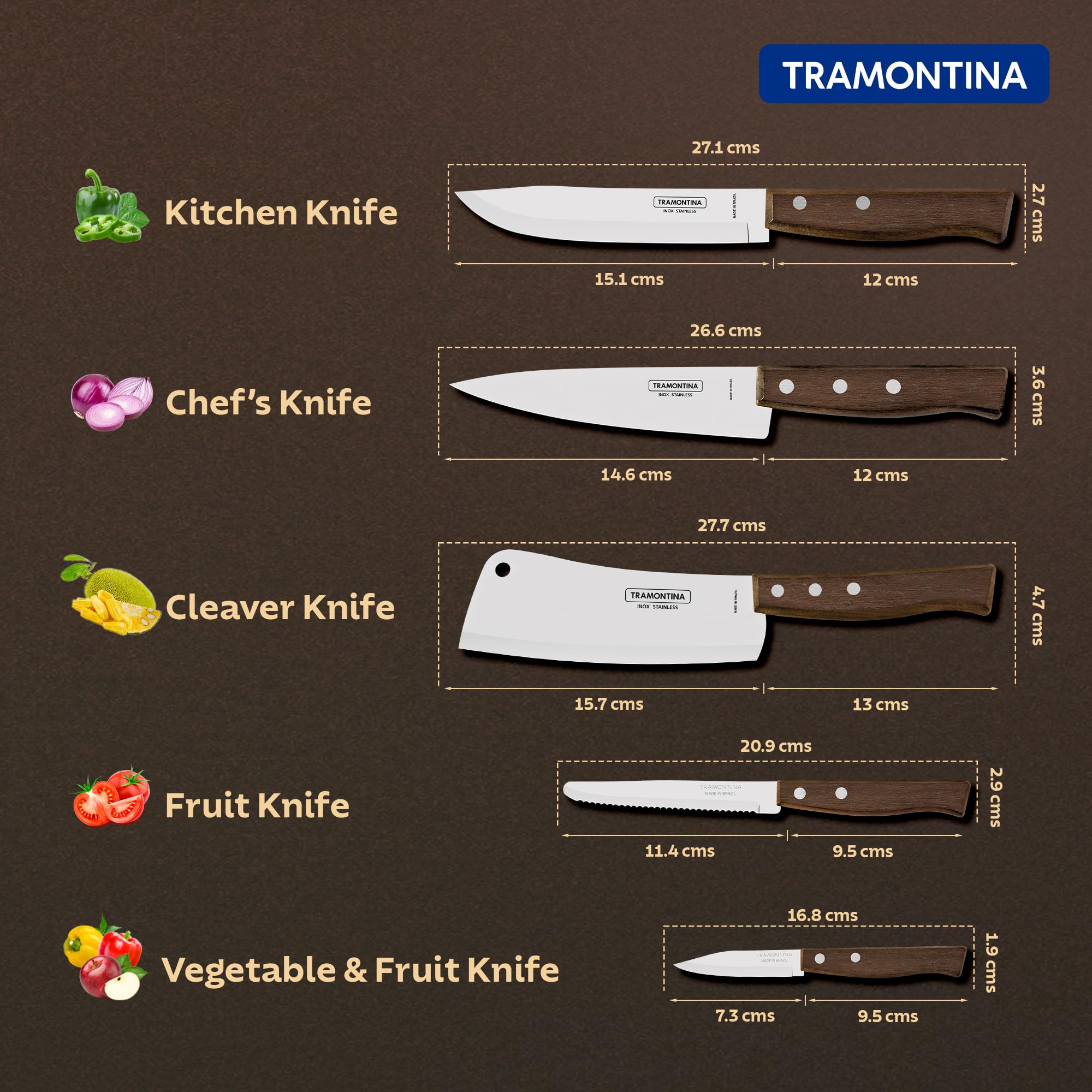 TRAMONTINA Tradicional 15cm/5.9" Cleaver Knife | Stainless Steel Blade | Big Kitchen Knife for Large Vegetables/Fish | Straight/Plain Edge | Brown Ipe Wood Handle | Made in Brazil | 5 Year Warranty* 4