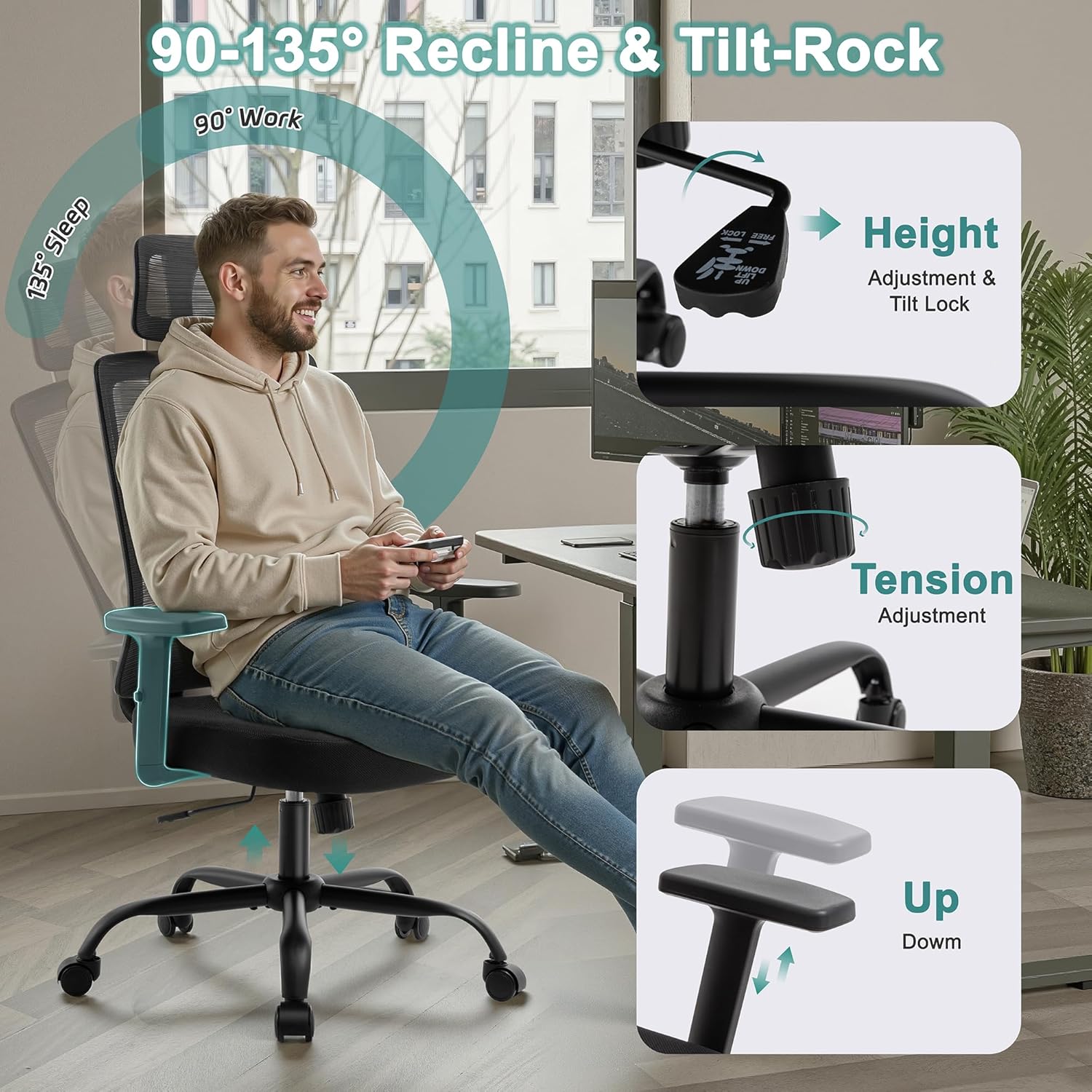 Shintenchi Ergonomic Office Chair, High Back Mesh Desk Chairs with Headrest & Lumbar Support Adjustable, 3-Level Tilt Backrest Comfortable Gaming Chair 330lbs Capacity, Big and Tall Rolling Chairs
