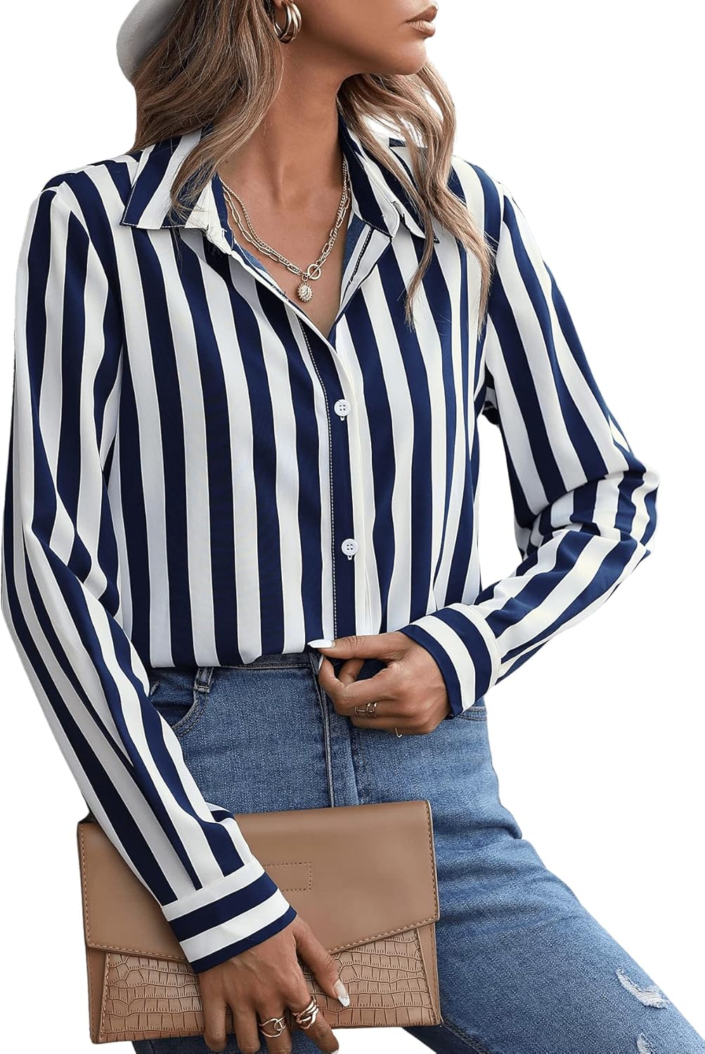 SweatyRocks Women's Long Sleeve Button Down Dressy Casual Collared Striped Blouse - Image 4