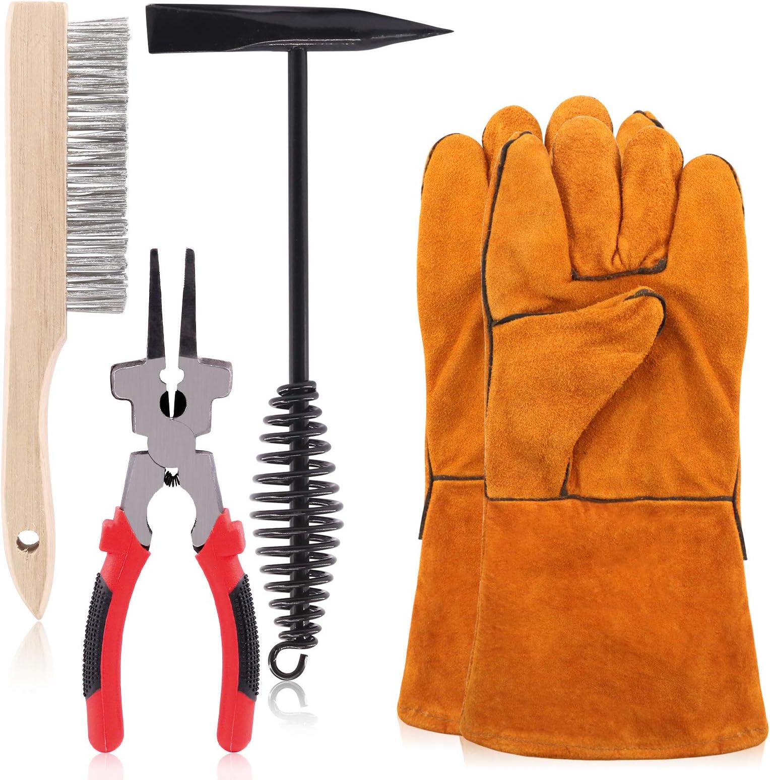 5Pcs 10 Inch Scratch Wire Brush, Welding Hammers Slag Removal Tool With Gloves, 8 Inch Plier and 10 Inch Chipping Hammer With Steel Coil Spring Handle