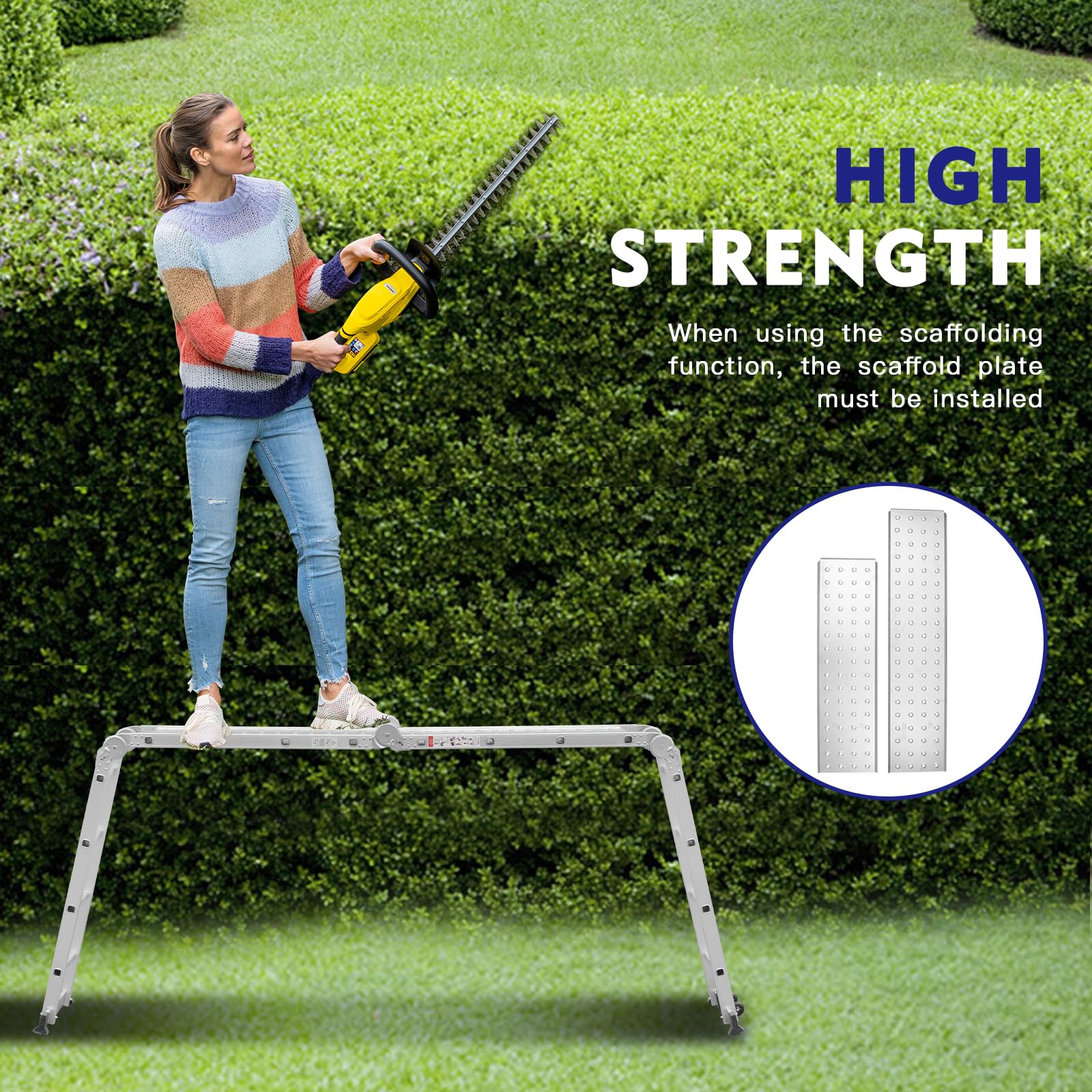 TEENO Mehrzweckleiter 4.70 M, 4x4 Stufen, 7 in 1 Aluminium Multifunktionsleiter mit 2 Abnehmbare Transportrollen und 2 Plattform, Bis 150 kg, Gelenkleiter Klappleiter Stehleiter Aluleiter 16 Sprossen