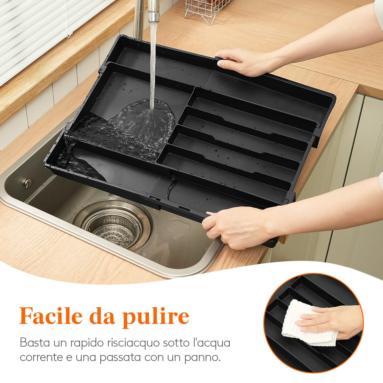 Lifewit Organizer Cassetti Cucina Regolabile, Vassoio Plastica per Utensili e Coltelli, 4-7 Scomparti, Larghezza 22,5-36 cm, Nero