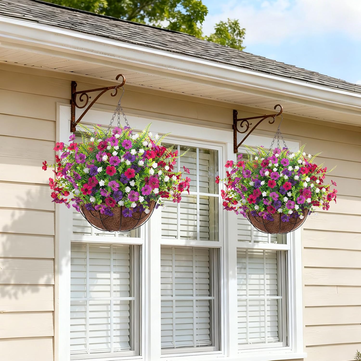 Artificial Faux Hanging Plants Flowers Basket for Spring Outdoor Decoration, Fake Silk Daisy UV Resistant Look Real with Eucalyptus Leaves Summer Outside Decor for Home Patio Garden