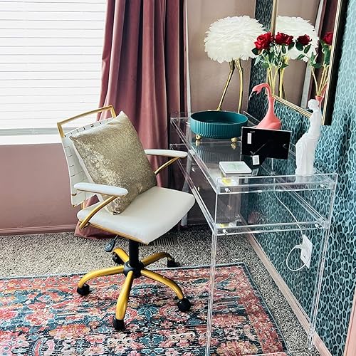 Miniatura 8 de Silla ergonómica moderna de cuero blanco y dorado para oficina y escritorio para niños con soporte lumbar, ruedas y brazos, ideal para uso doméstico