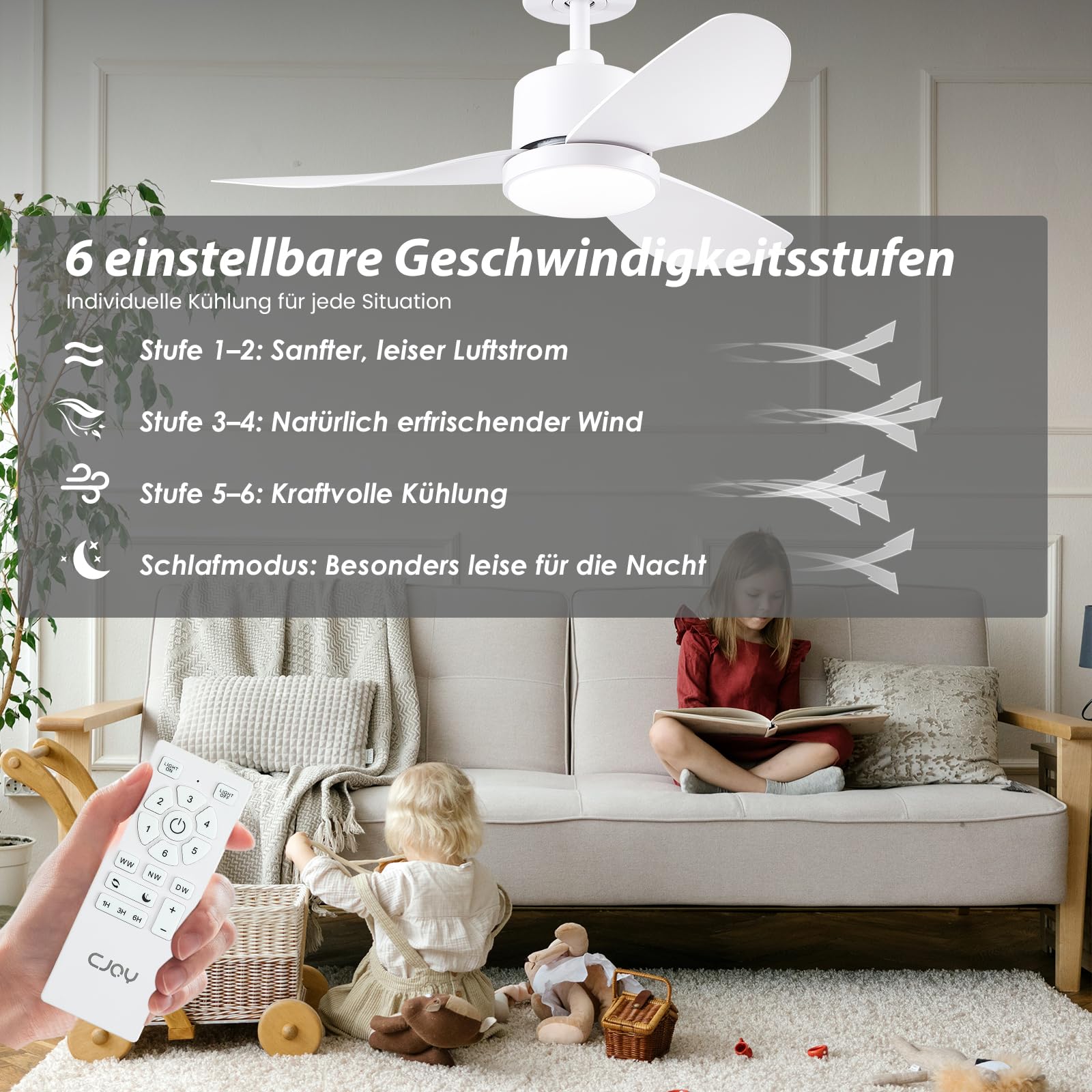 CJOY Deckenventilator mit Beleuchtung 96CM, Weiß, Fernbedienung, Leise, 3 CCT Dimmbar, Umkehrbar