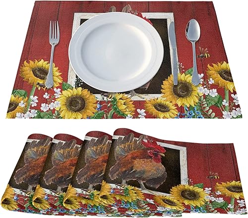 Miniatura 10 de Juego de 4 manteles individuales de granero rojo acuarela, diseño de gallo y girasoles, resistentes al calor, lavables, para decoración de mesa de