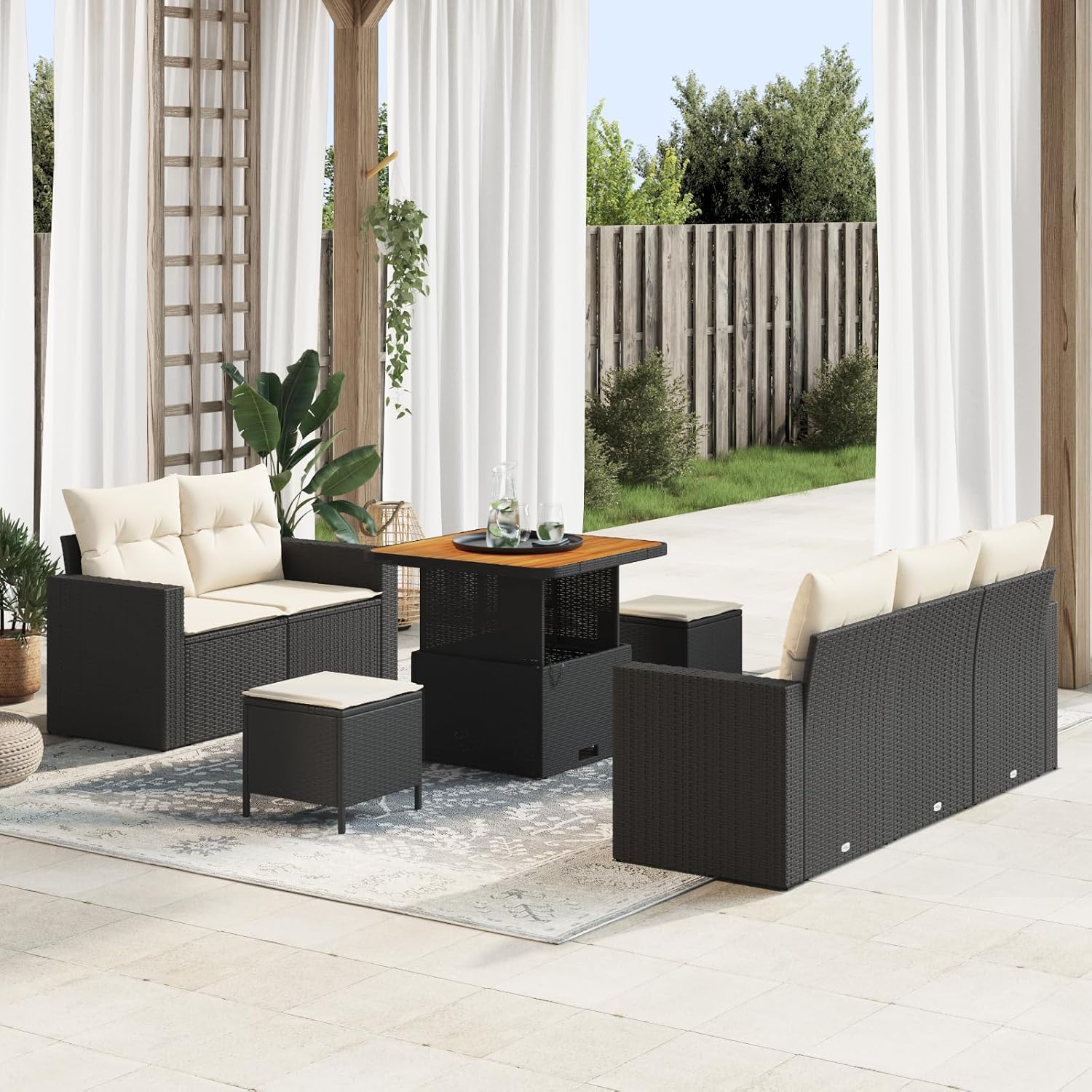 8-teiliges Garten-Sofa-Set aus schwarzem Poly-Rattan mit wetterfesten Kissen und Couchtisch f r Terrasse Balkon und Patio   Modulares Outdoor-M bel mit Akazie-Tischplatte