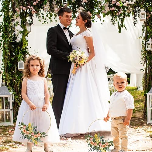 Miniatura 7 de BOUBONI 6 piezas de centro de mesa de aro floral de metal de 12 pulgadas con 6 soportes de madera para mesa de corona de metal soporte para centro