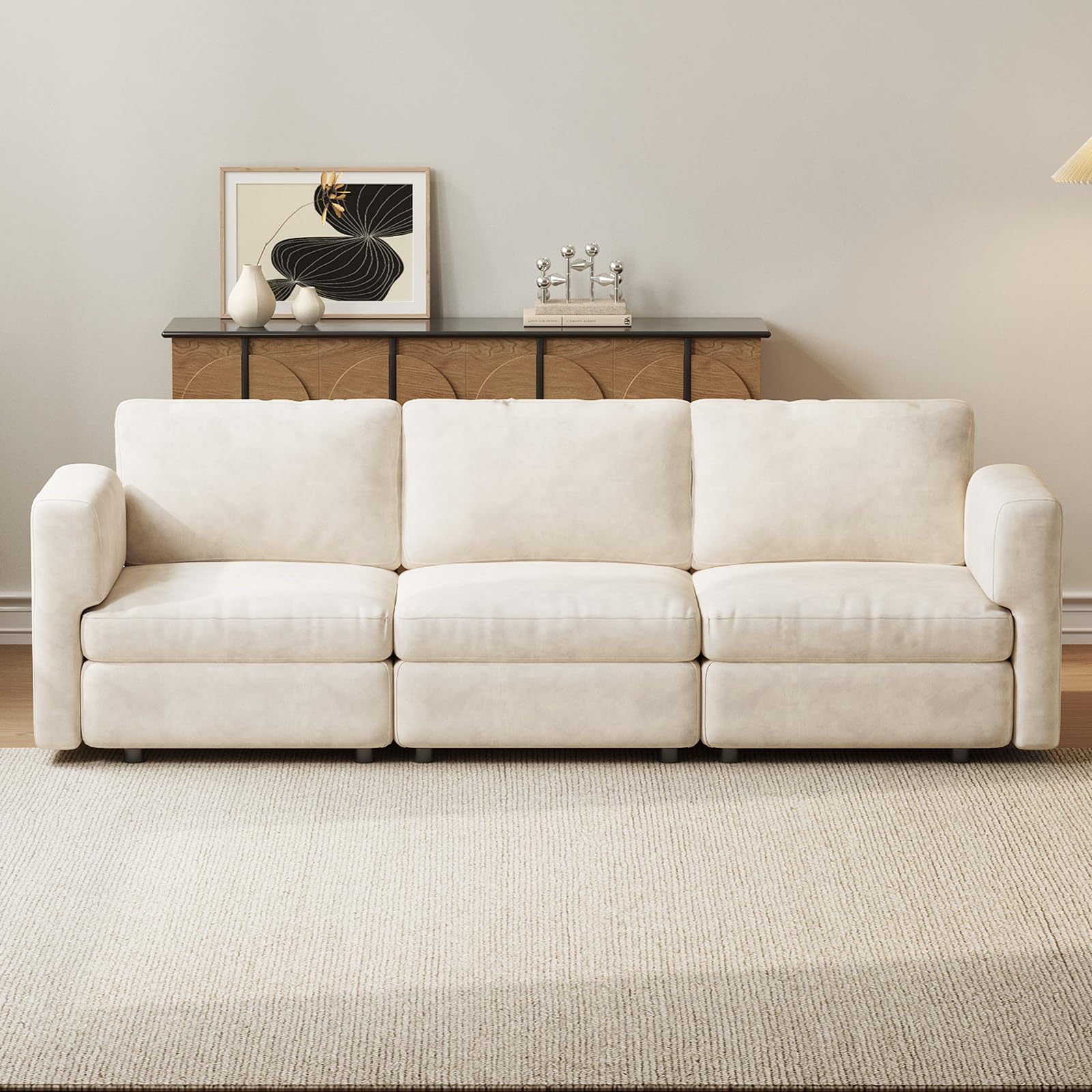Cream Modular 3-Seater Sofa, 250cm Wide Comfort Couch with Storage-Compatible Design, Cloud-Soft Seating, Sturdy Wooden Frame, 150KG Capacity