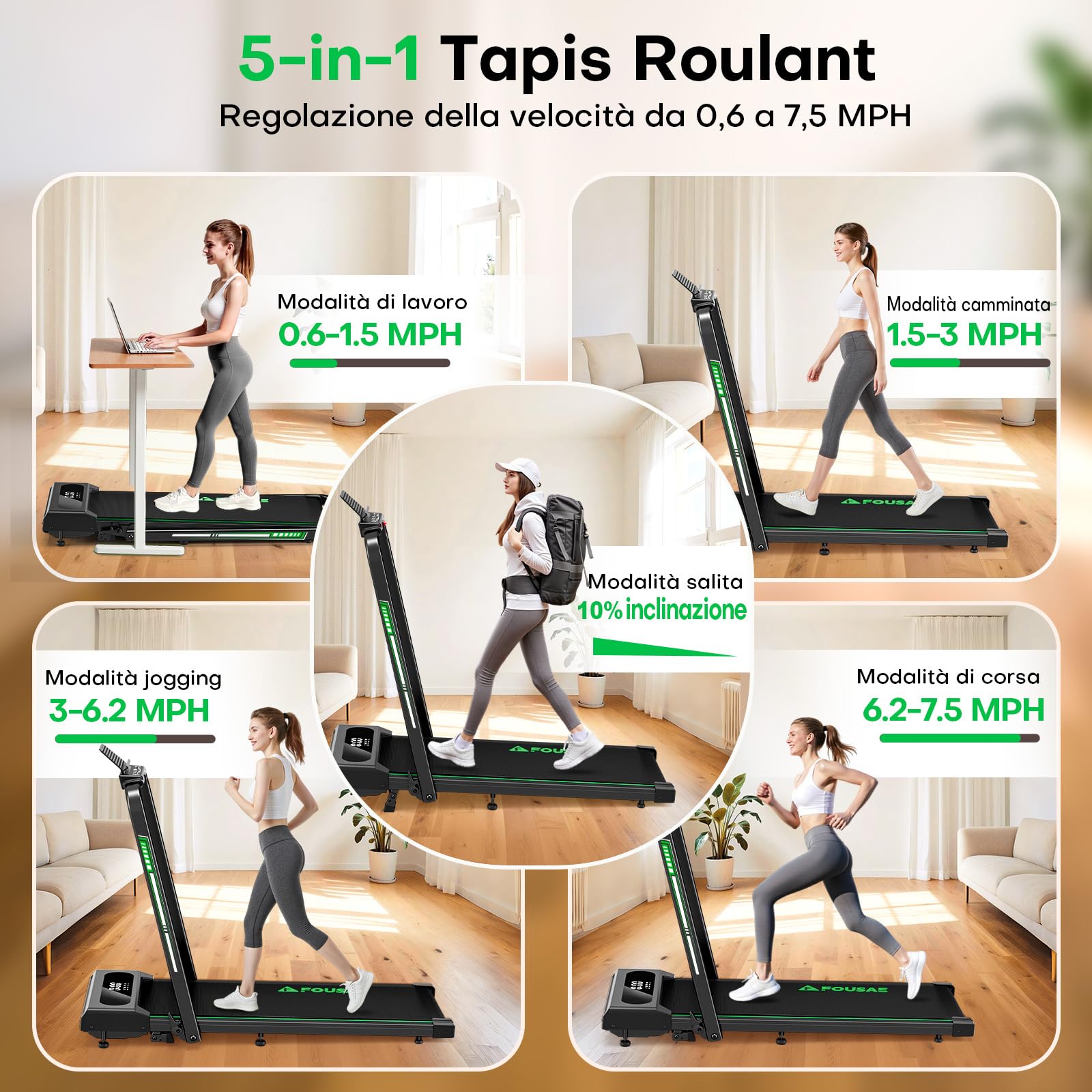 Tapis Roulant Elettrico Pieghevole, FOUSAE 5 in 1 Tapis Roulant con Inclinazione, Tapis roulant pieghevole da 12 km/h, App, Telecomando e Doppio Display LED, Nessuna Installazione Richiesta