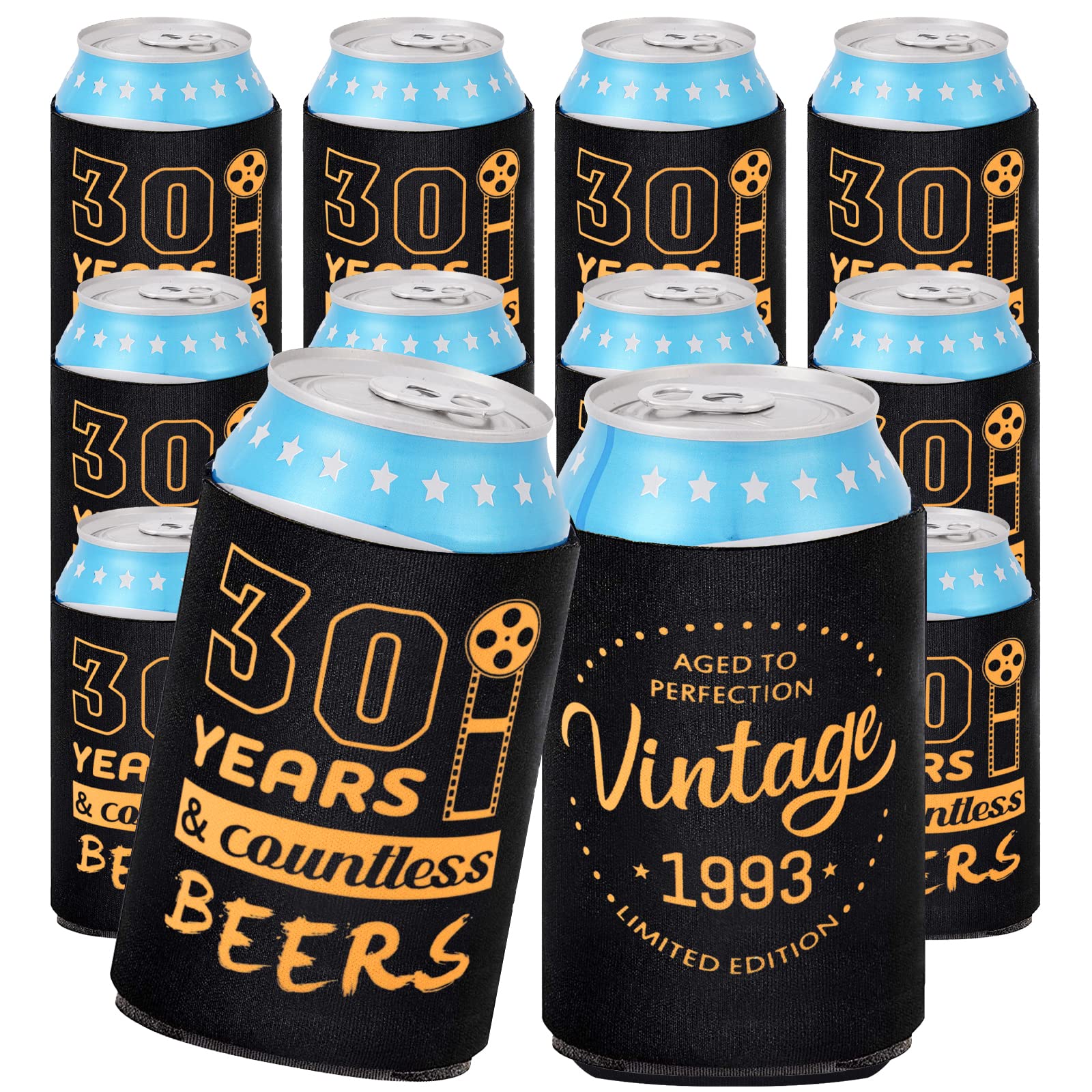 Happy 30th Birthday Can Cooler Sleeves, 1993 30th Birthday Party Decorations 12-Pack, Standard 12 oz Neoprene Sleeves for Soda Can Beverage?Black & Gold Insulated Holder Gift and Party Favors for Men
