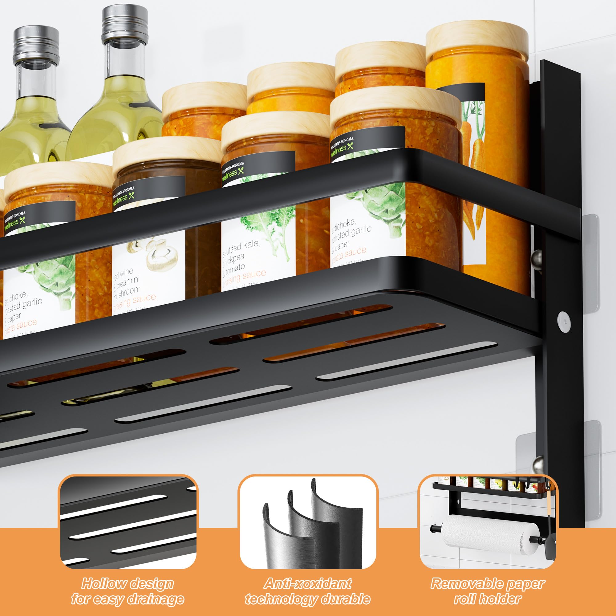 Jokisa Porta Spezie per Cucina con Porta Rotolo da Cucina e 4 Ganci –Portaspezie da Parete Senza Forature per Organizzare e Risparmiare Spazio in Cucina
