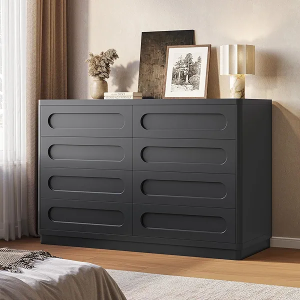 SUCSSRICH Black Dresser for Bedroom with 8 Drawers, 47.2" Wide Dresser for Closet with Deep Drawer, Large Wood TV Stand, Modern Chest of Drawers for Bedroom, Hallway
