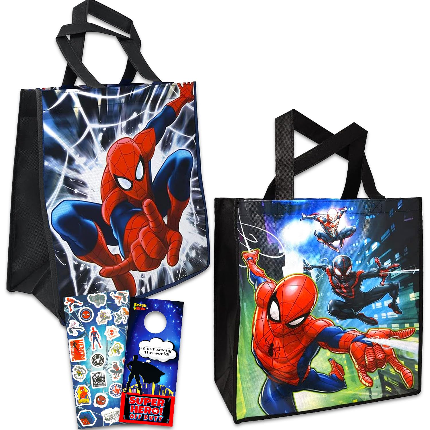 Marvel Spiderman Tote Bags Value Bundle - 3 Pc Spiderman Reusable Large Tote Superhero Grocery Bags with Stickers (Spiderman Storage and Organizing